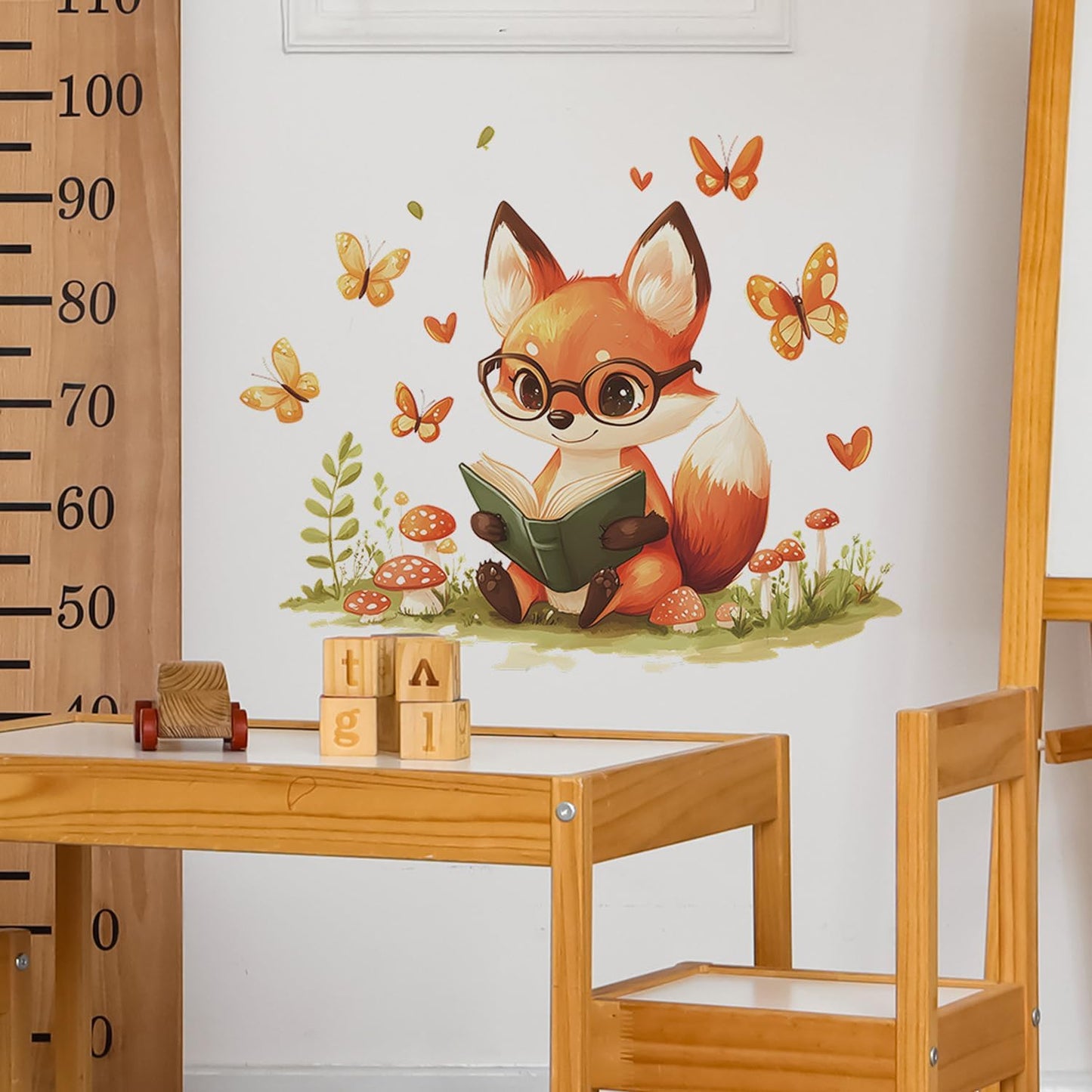 Woodland Fox Reading Wall Decal, Kids Room Nursery Decor with Butterflies and Mushrooms, 11.8 x 23.6 inches