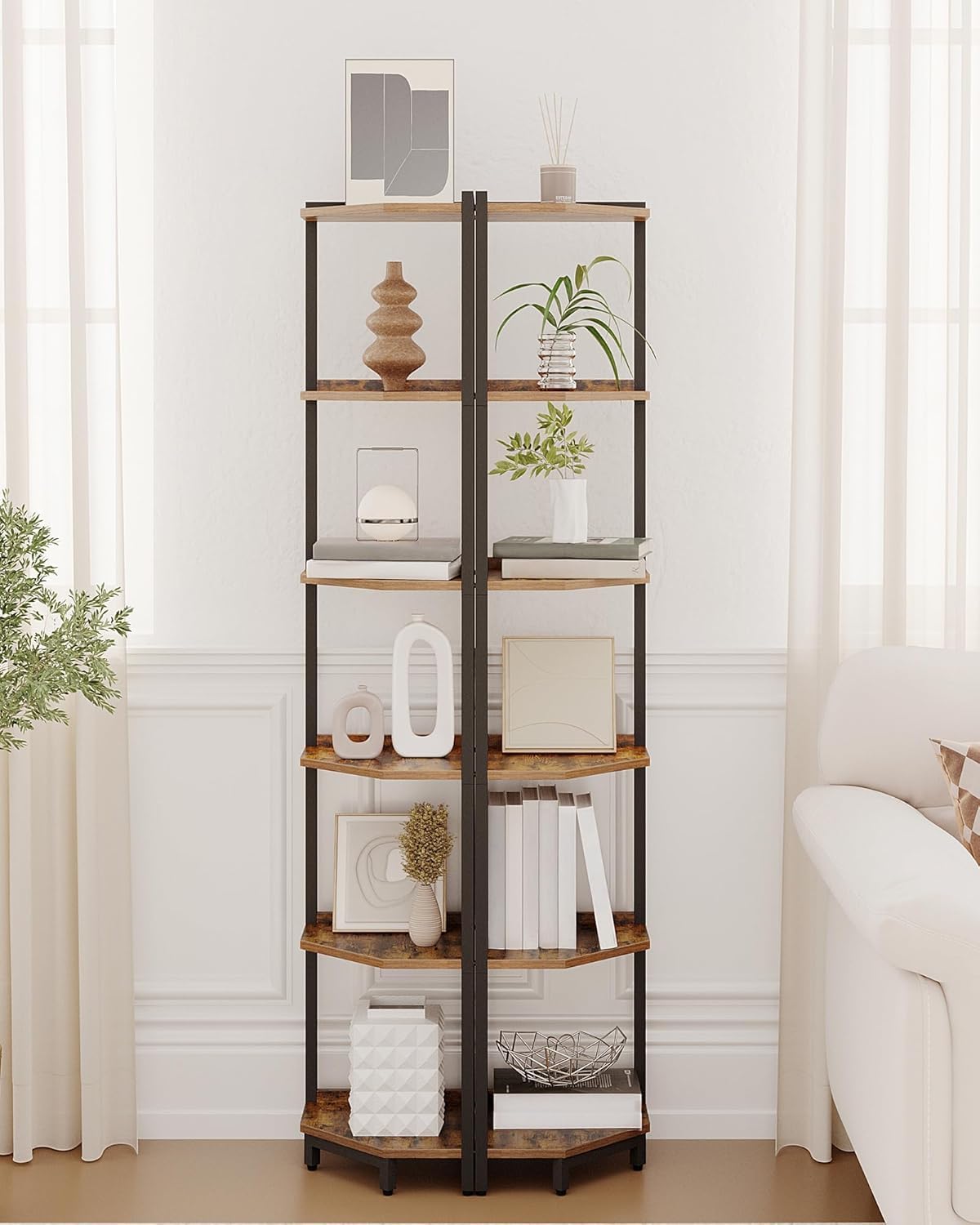 Corner Shelf Stand, Corner Bookshelf, Storage Standing Shelf Unit with Metal Frame, Plant Stand, Bookcase for Living Room, Home Office, Bedroom, 6-Tier Rustic Brown CS06001B