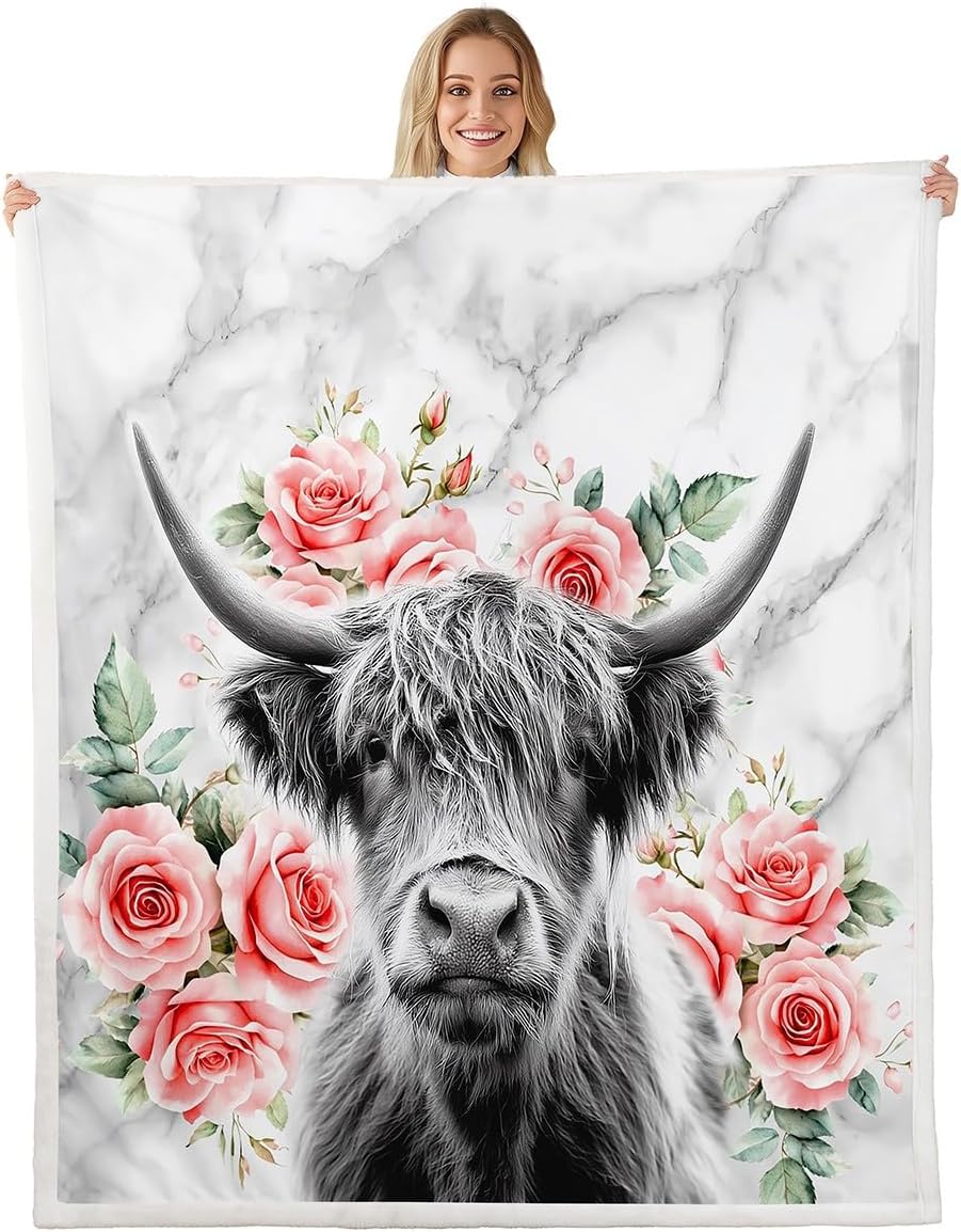 Erosebridal Highland Cow Flower Flannel Blanket Bull Cattle Sherpa Blanket Western Cowboy Funny Animal Throw Blanket Wildlife Farmhouse Cow Bed Blanket Rose Grey Marble Plush Blanket Throw 50"x60"