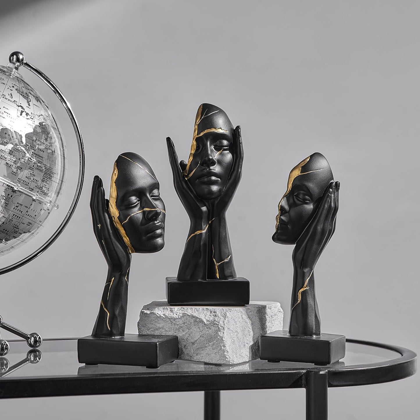 Black and Gold Decor Thinker Statues Set of 3, 7.5" H x 3.1" W Face Sculptures for Coffee Table Bookshelf Office Desk, Modern Abstract Art Sculptures Home Decor Living Room Decorations