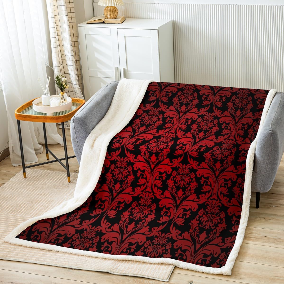 Erosebridal Boho Floral Blanket Victorian Throw Blanket 40"x50",Gothic Paisley Fleece Blanket Baroque Vintage Damask Goth Bed Blanket,Red Black Antique Exotic Flowers Bohemian Decor
