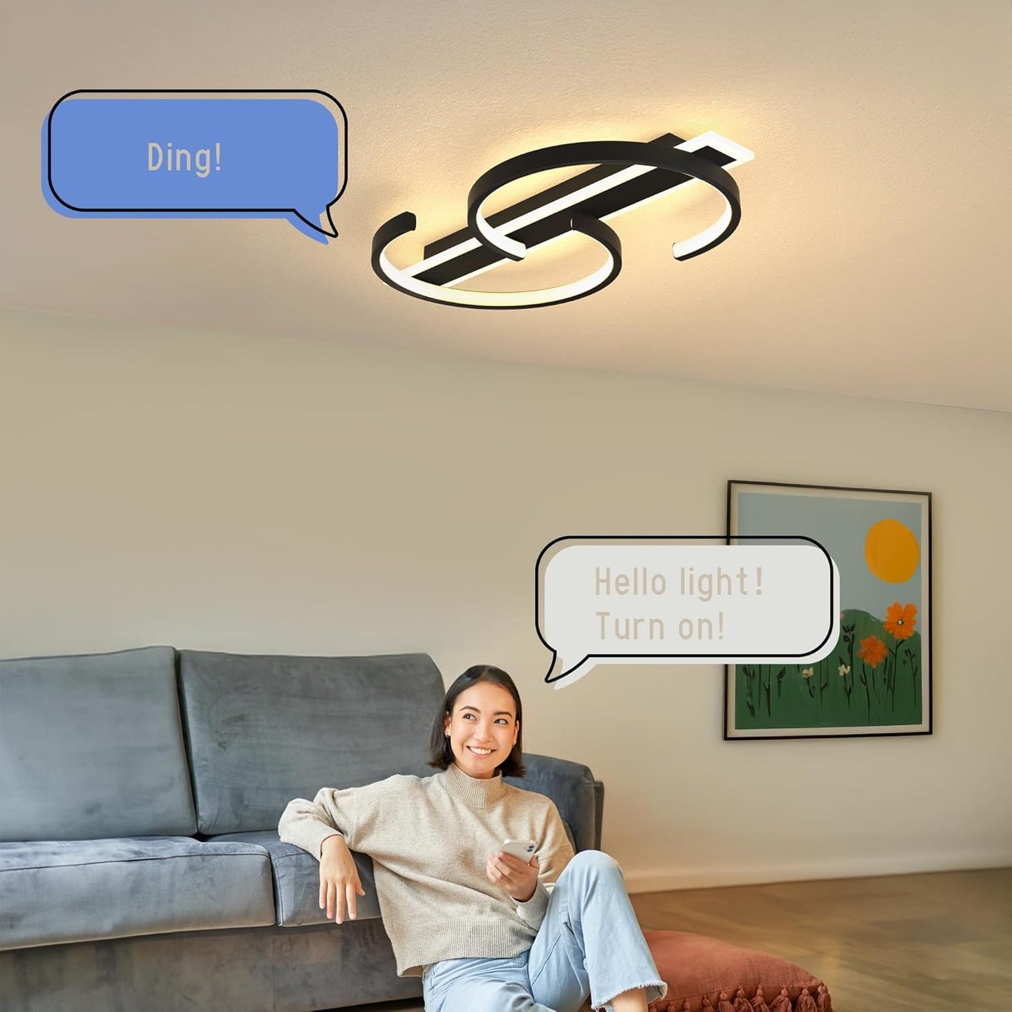 23.6" LED Ceiling Light, 2-Ring Modern Flush Mount Light, 55W Matte Black, Dimmable 3000–6000K, with Remote and Voice Control, Ceiling Light Fixture for Bedroom, Living Room, Dining Room