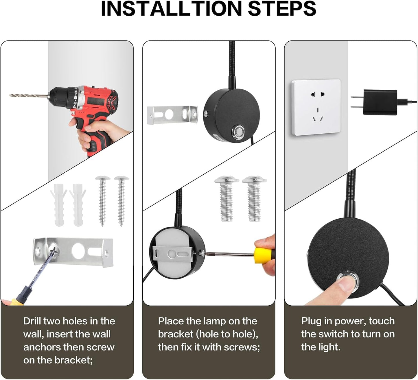 Reading Light for Bed, Wall Mounted Reading Lights with 15" Flexible Gooseneck, Touch Control, 3 Colors Temperature and Stepless Dimmable, Plug in Headboard Book Light(2 Pack)