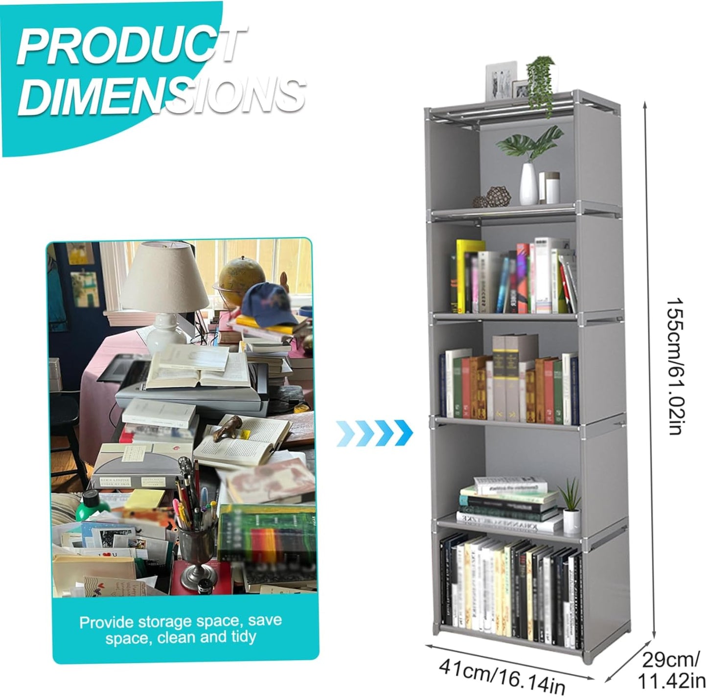 Book Shelf, 6 Tier 5 Cubes Modern Bookshelf, Non-Woven Fabric Book Shelves with Metal Pipe Frame Heavy Duty 61" Tall Narrow Bookcases Unit Cube Storage Display for Bedroom