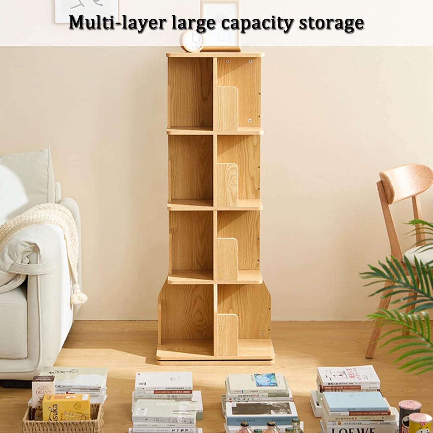 YVYKFZD Rotating Bookshelf Tower, Floor Standing Bookcase, 360 Display Storage Rack, Wood Open Narrow Book Shelf Organizer, for Small Space, Bedroom, Study Room(3 Tier 19.6"x19.6"x38.5")