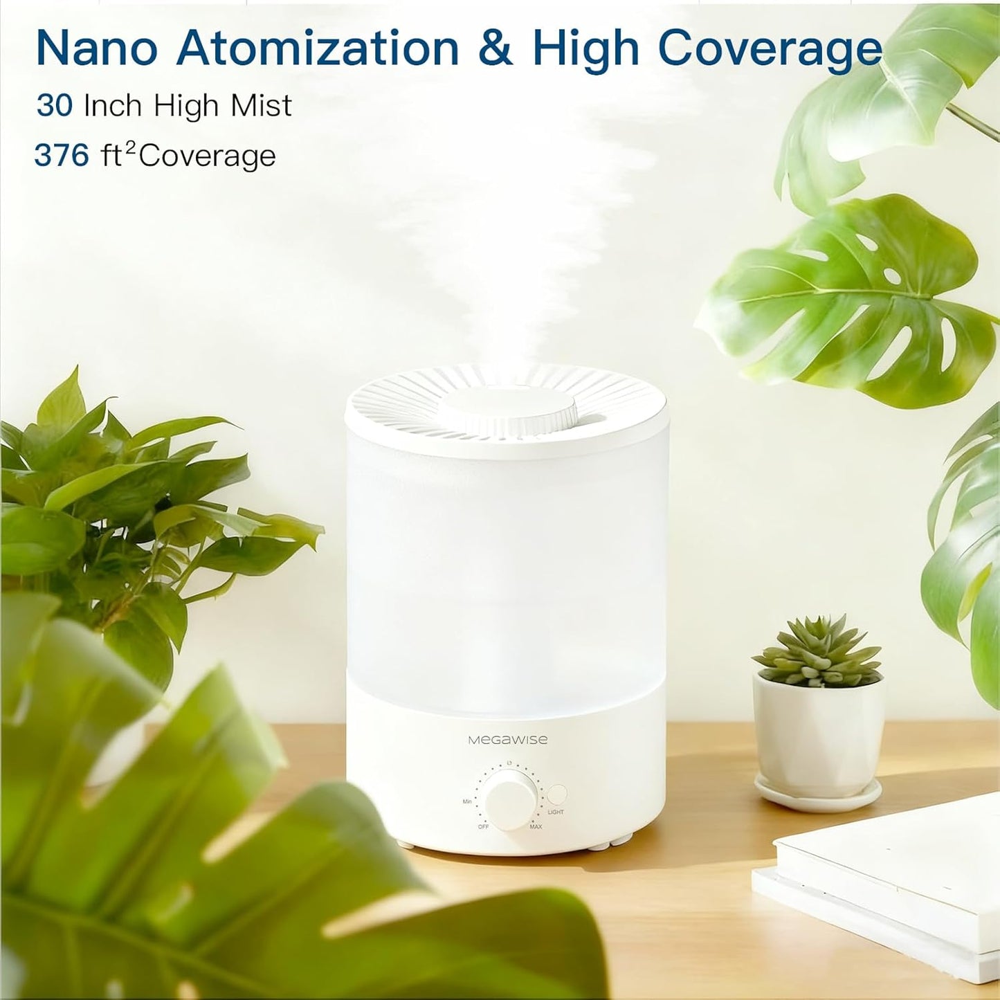 MegaWise Healthy Top-Refill Cool Mist Humidifiers for Bedroom, 24dB Ultrasonic Air Vaporizer with Water Filter for Baby [PP Material], Colorful Night Light,1 Gal Essential Oil Diffuser, Auto Shut Off