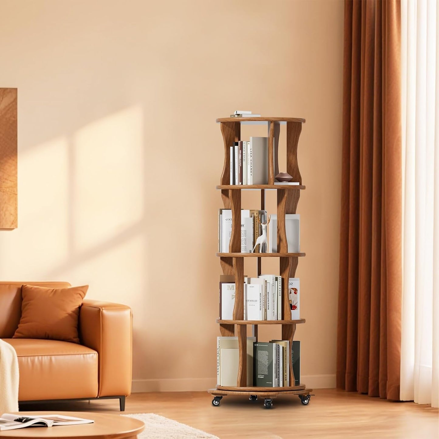 4 Tier Solid Wood Rotating Bookshelf with Wheels, Round Revolving Bookcase Organizer, 360° Spinning Storage Shelf for Corner, Small Narrow Spaces, Home, Office, BedRoom,Living Room,Study Room