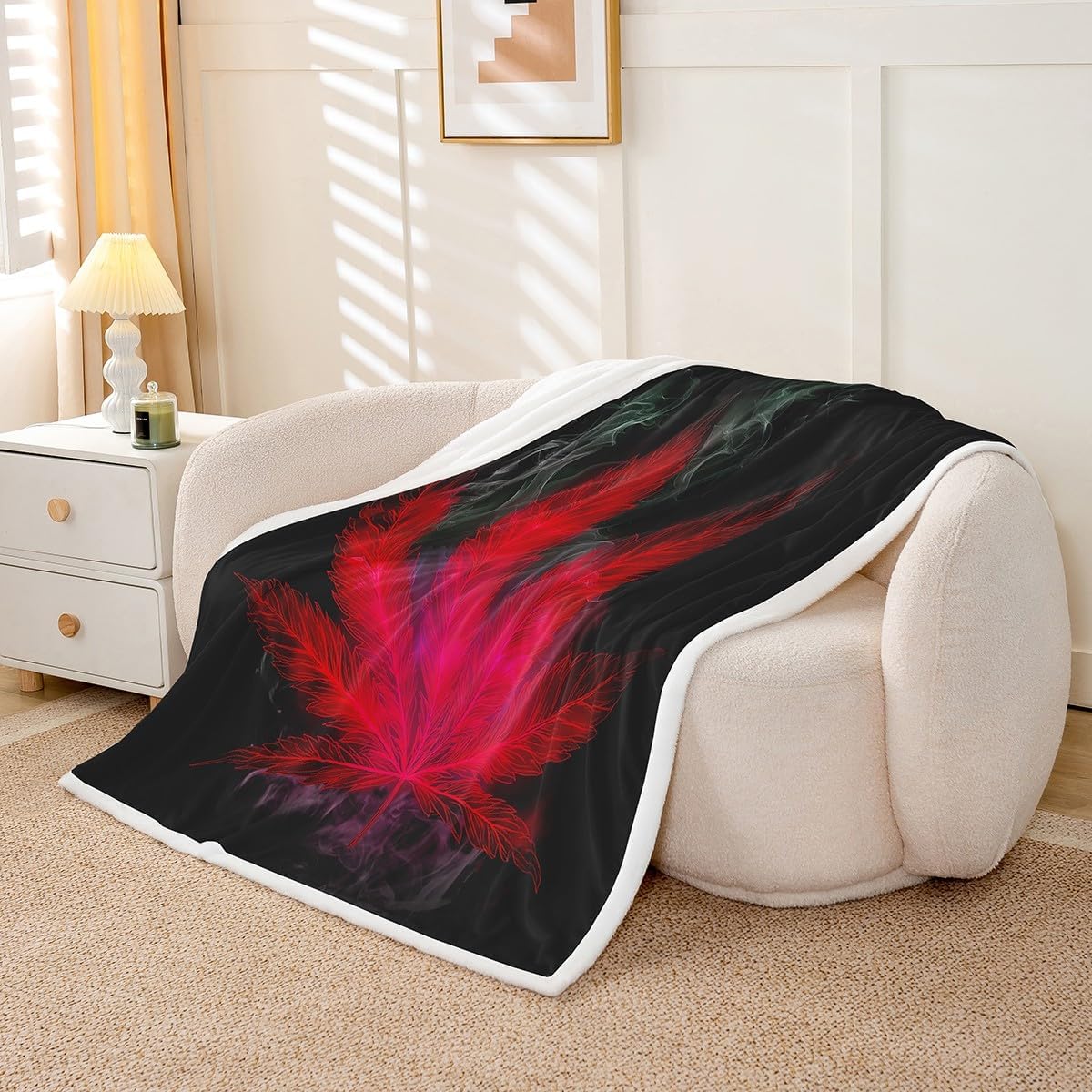 Marijuana Throw Blanket Red Cannabis Leaf Printed Bed Blanket, for Adult Women Teens Marijuana Weed Leaf Fleece Blanket Exotic Leaves Rustic Soft Boho Trippy Hippie Sherpa Throw Blanket, Twin