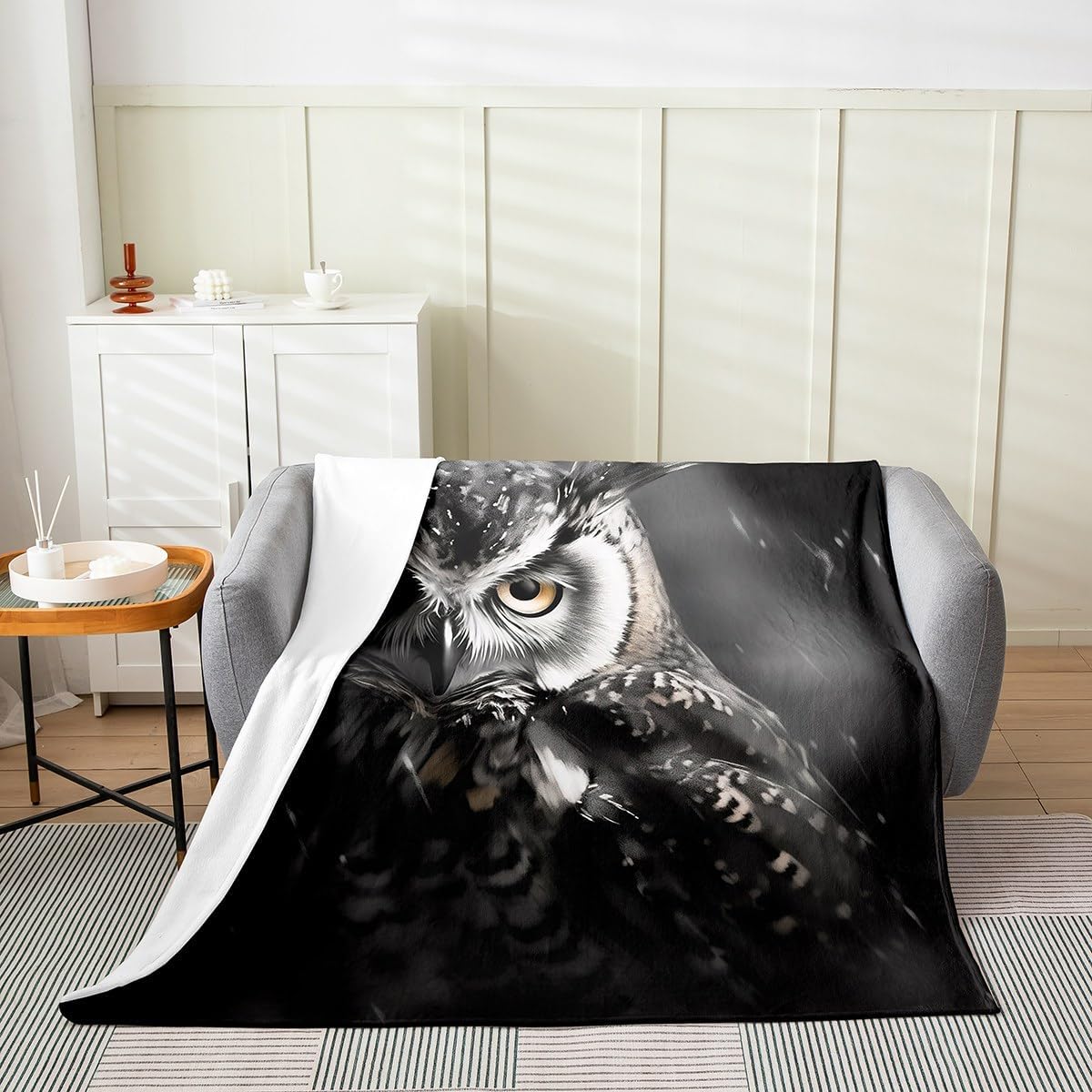 Erosebridal Owl Wild Animal Throw Blanket Queen Size, Black and White Owl Fleece Blanket, Bird Animal Print Fuzzy Blanket Bedroom Decor, Safari Animal Flannel Blanket for Sofa Bed Couh All Season