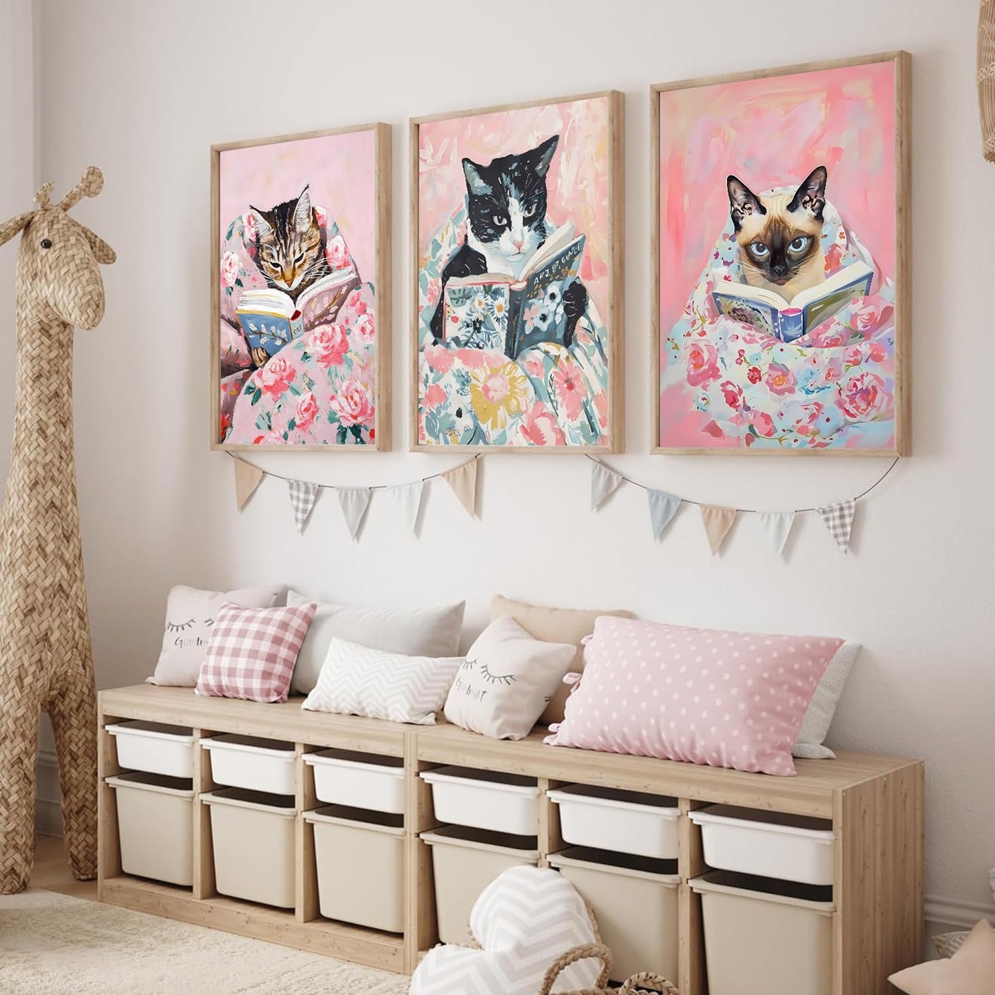 Cute Cat Reading Poster Set of 6 Funny Black Cat Book Lover Canvas Wall Art, Whimsical Animal Wall Decor Painting Prints Aesthetic for Nursery Kids Boby Room Bedroom Unframed 8x10 inch