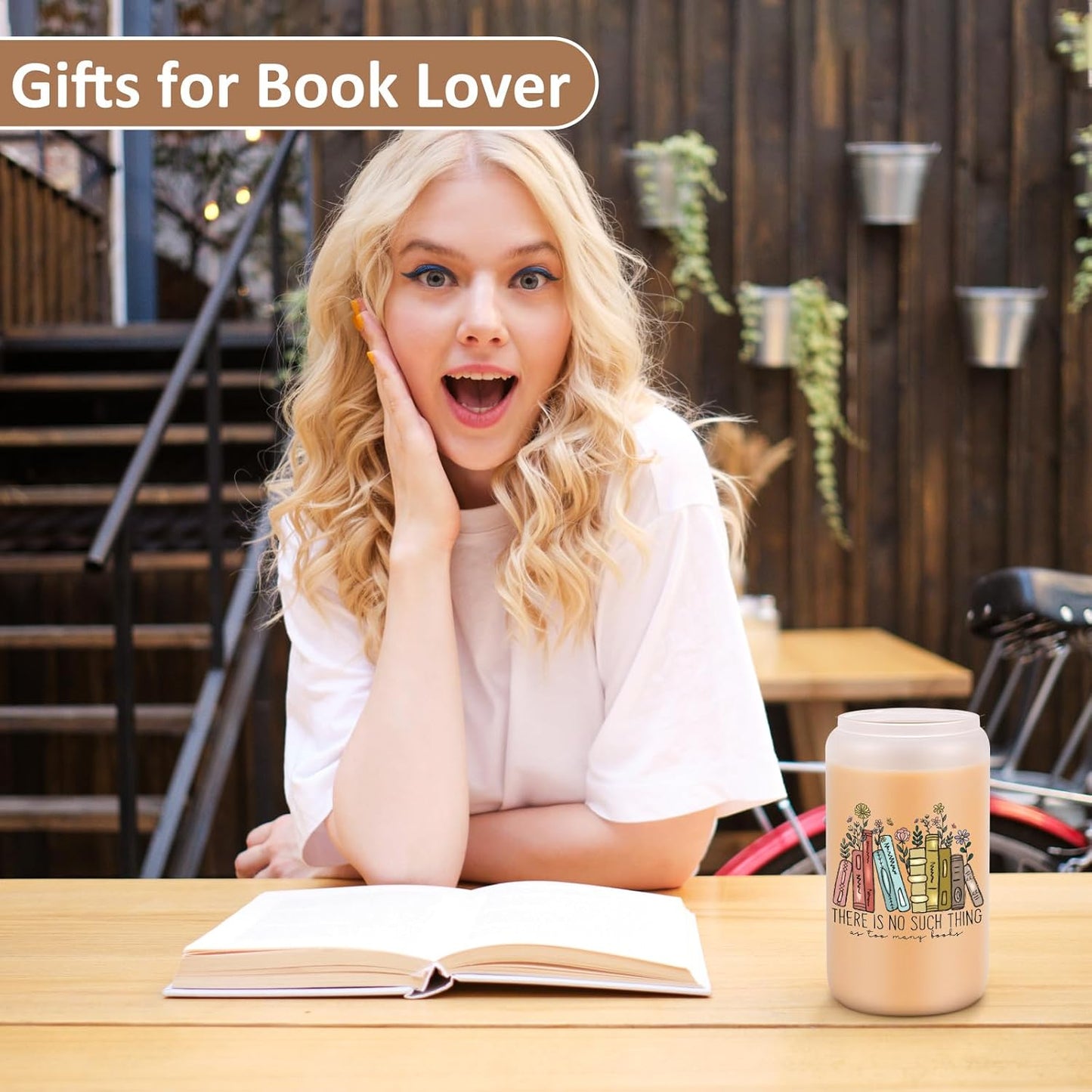 LEADO 16 oz Cute Glass Cups with Lids and Straws - Book Lovers Gifts - Bookish Present, Birthday, Mothers Day Gifts for Book Lovers Women, Readers, Bookworm, Girl - Coffee Tumbler, Reading Accessories