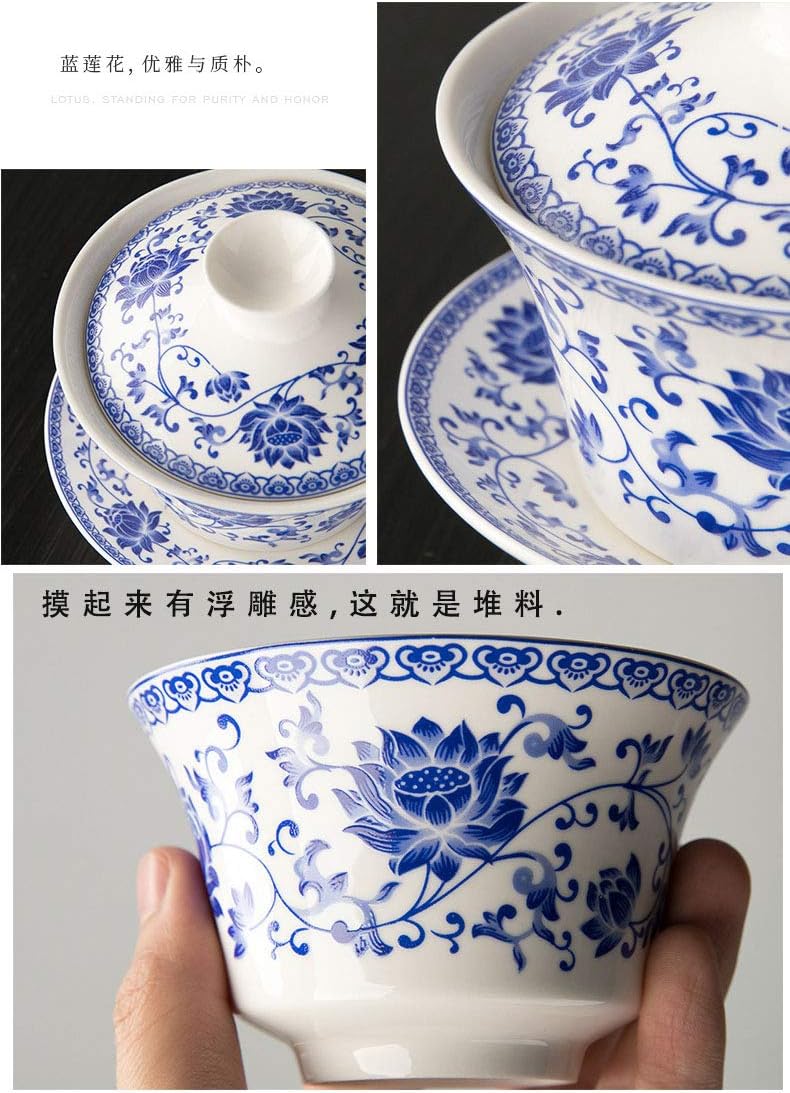 Liang baobao Traditional Gaiwan Tea Set with Lid and Saucer Blue Lotus Design Tea Cup Flower Porcelain Teacups 10oz