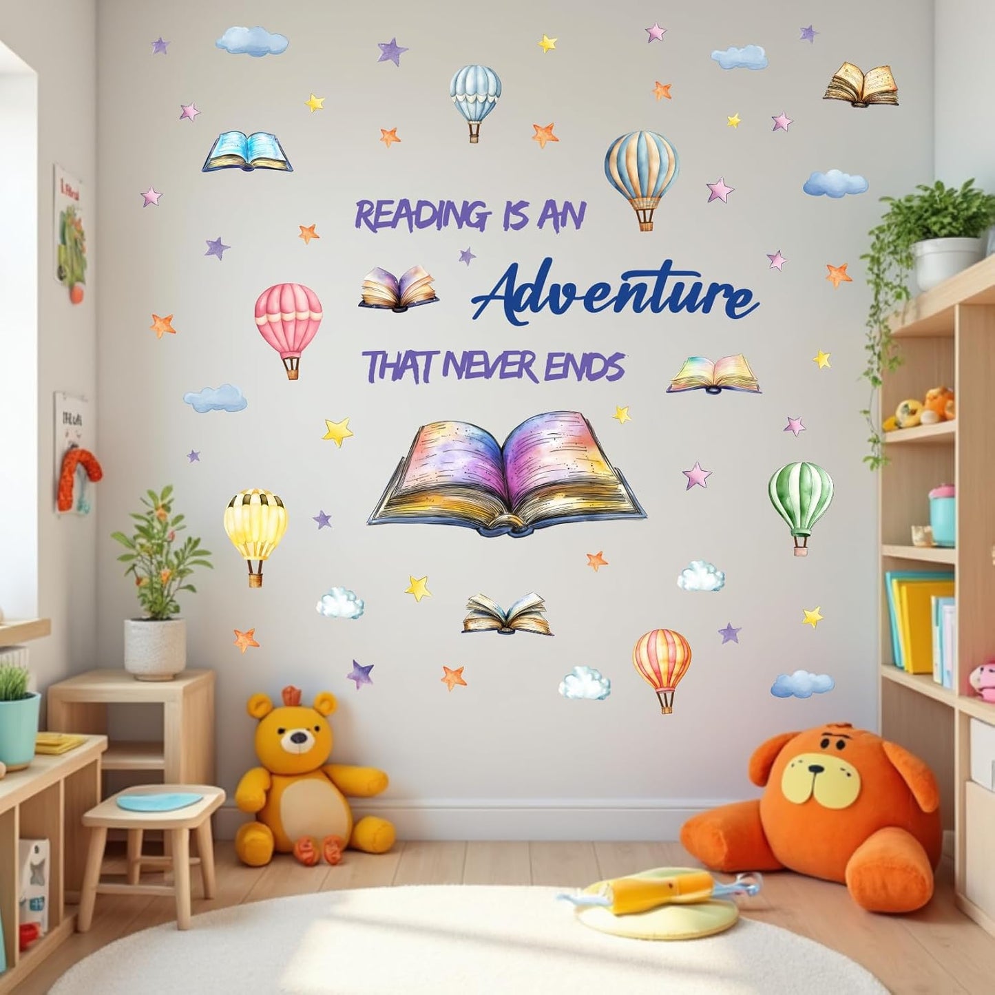 OLMIXA Reading Book with Hot Air Balloon Wall Decals, Reading is an Adventure That Never Ends Positive Quote Stickers, Vinyl Educatinal Read Book Wall Art for Library Classroom Playroom Decor