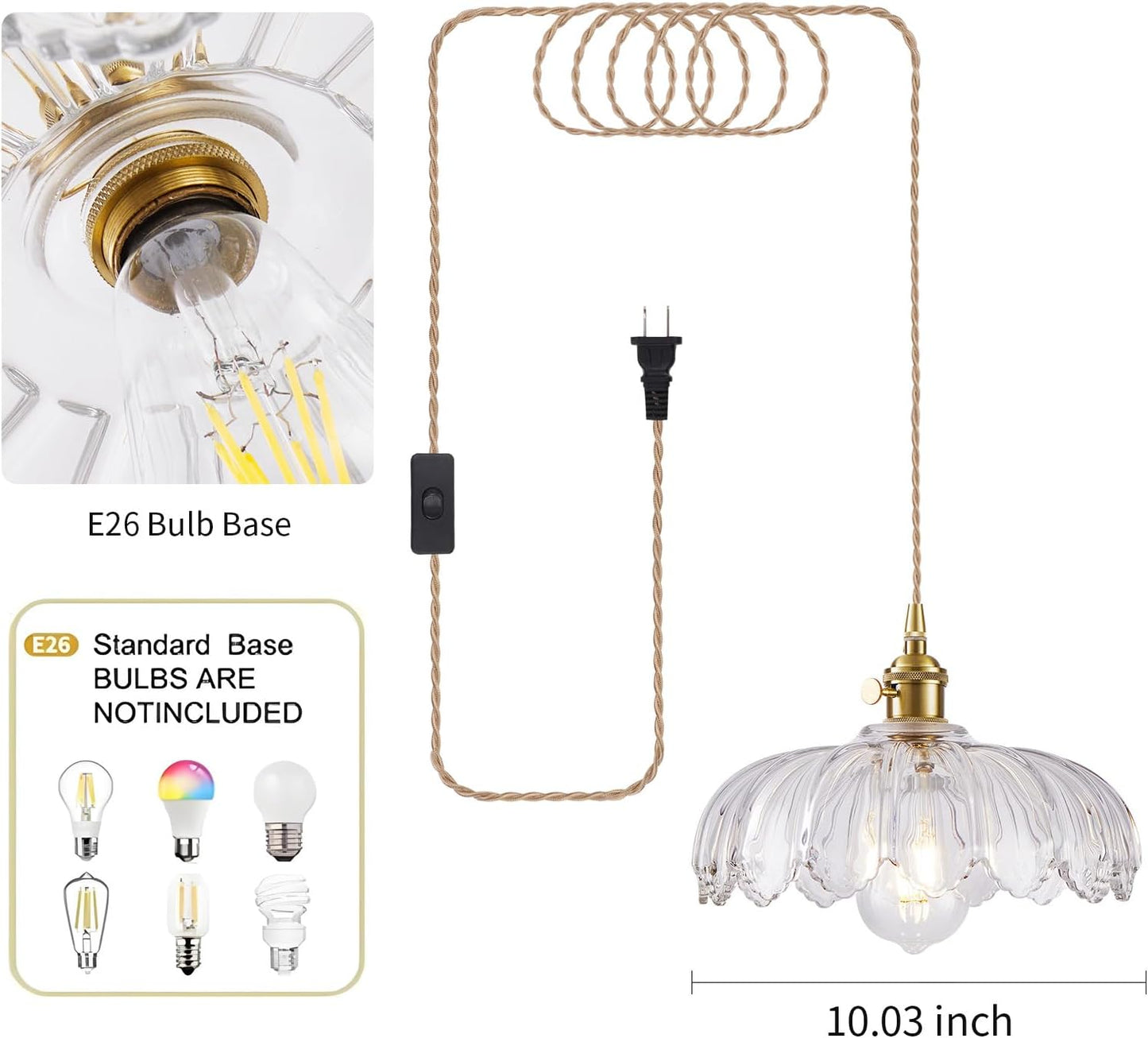 Plug in Pendant Light, Hanging Lights with Plug in Cord, Hanging Light Fixture with Green Glass, E26 Pendant Lighting for Kitchen Island, Bedroom, Dining Room-Clear