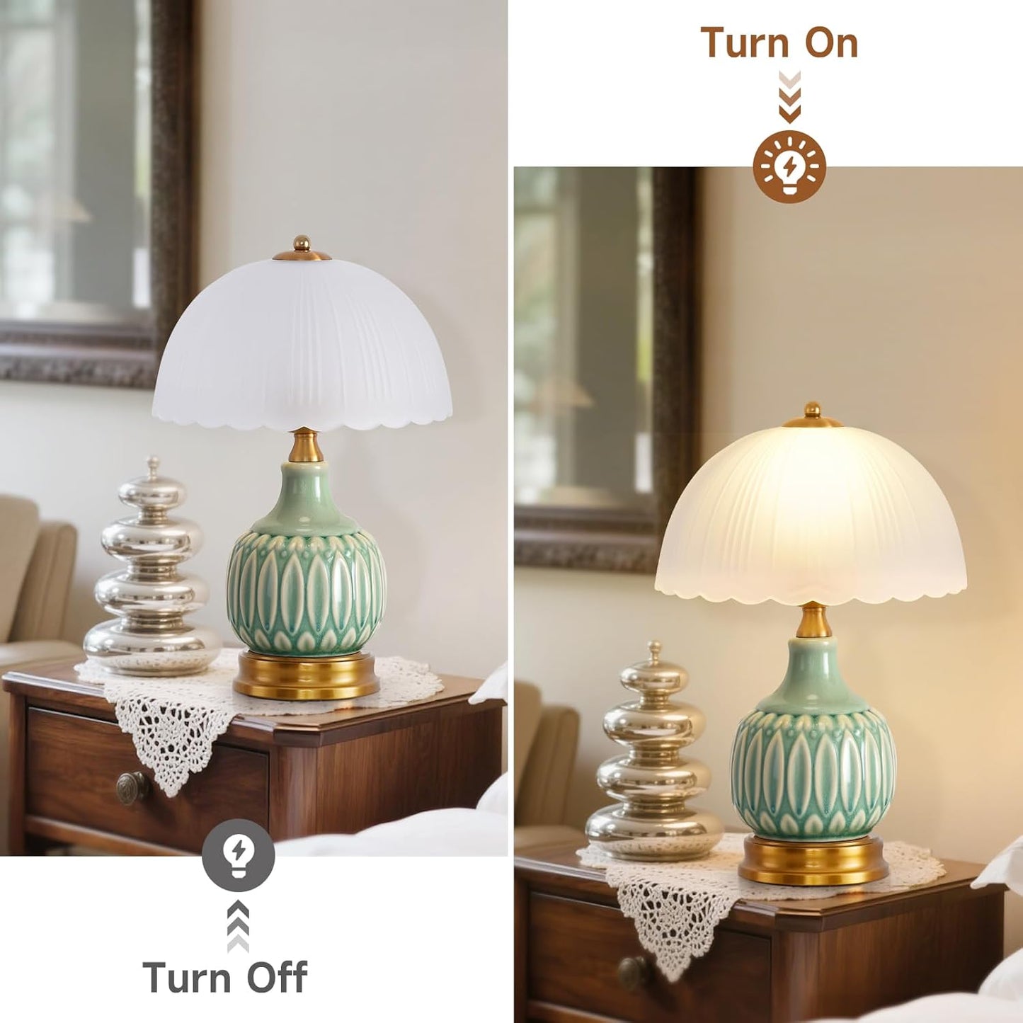 Vintage Lamp for Living Room,15.7" High 9.8“Wide Modern Ceramic Table Lamps for Bedroom,Retro Bedside Nightstand Traditional Lamps, Classic Chinoiserie Green Lamp for Home Decor