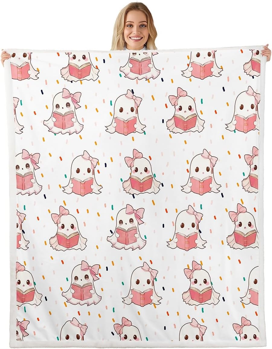 Kawaii Ghosts Throw Blanket Halloween Pink Bowknot Books Ghosts Bed Blanket for Kids Girl Room Decor, Reading Ghost Blanket for Couch Sofa, Soft and Breathable Fleece Blanket(60 x 80 Inches)