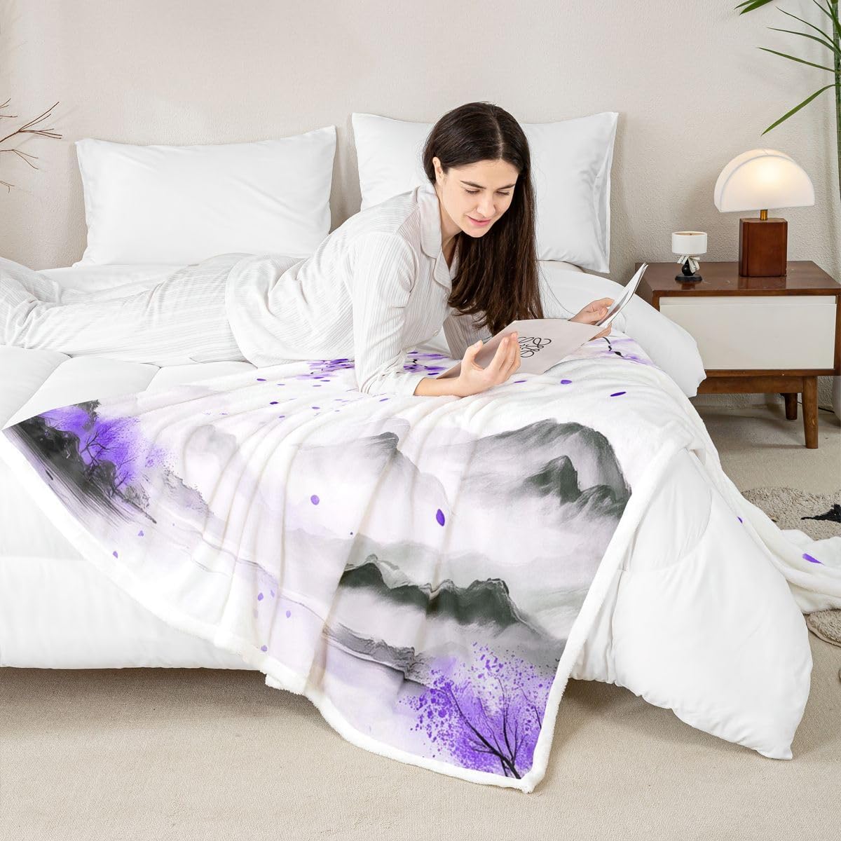 Feelyou Japanese Sherpa Throw Blanket for Couch Purple Mountain Super Soft Cozy Fleece Trees Natural Scenery Art Blanket for Winter, Plush Throw Nature Lover Gift Twin 60"x80" All Season