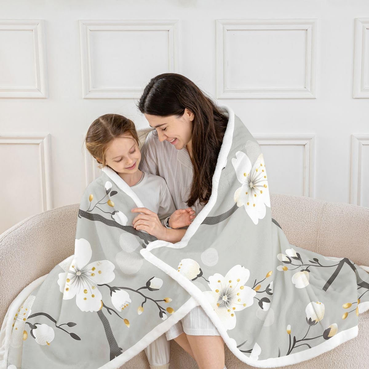 Feelyou Vintage Flowers Sherpa Throw Blanket for Couch Grey Boho Floral Super Soft Cozy Fleece Boho Blanket for Winter, Plush Throw Baby 30"x40" All Season