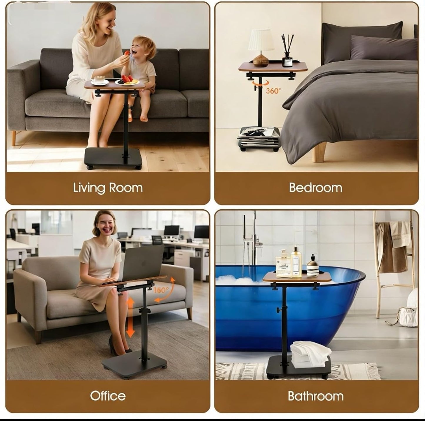 Adjustable C Table End Table, Height Adjustable 360° Swivel TV Tray Table for Small Spaces, Sofa Bedside Laptop Side Table That Slides Under Couch, Living Room & Bedroom (Natural Wood/White)