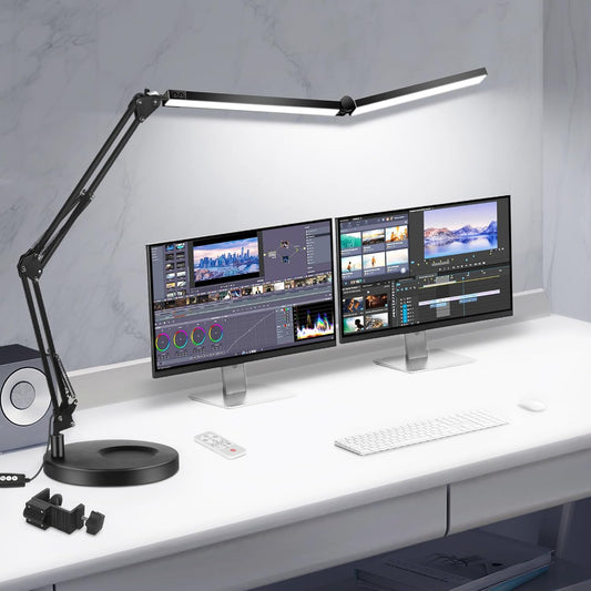 Toolour LED Desk Lamps for Home Office 2 in 1 Double Head Desk Lamp with Clamp Base,Remote Control,Dimmable Architect Clip on Desktop Computer Light Bar with Memory for Workbench Darkroom