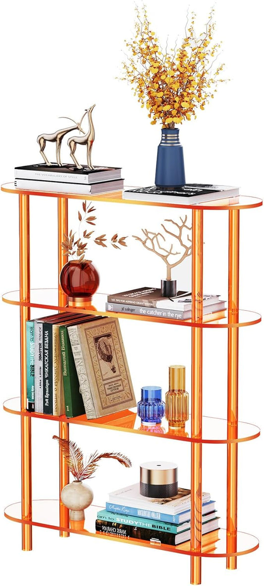 Clear Bookshelf, Acrylic Bookcase with Open Book Shelf for Office Living Room Bedroom (4 Tier Orange)