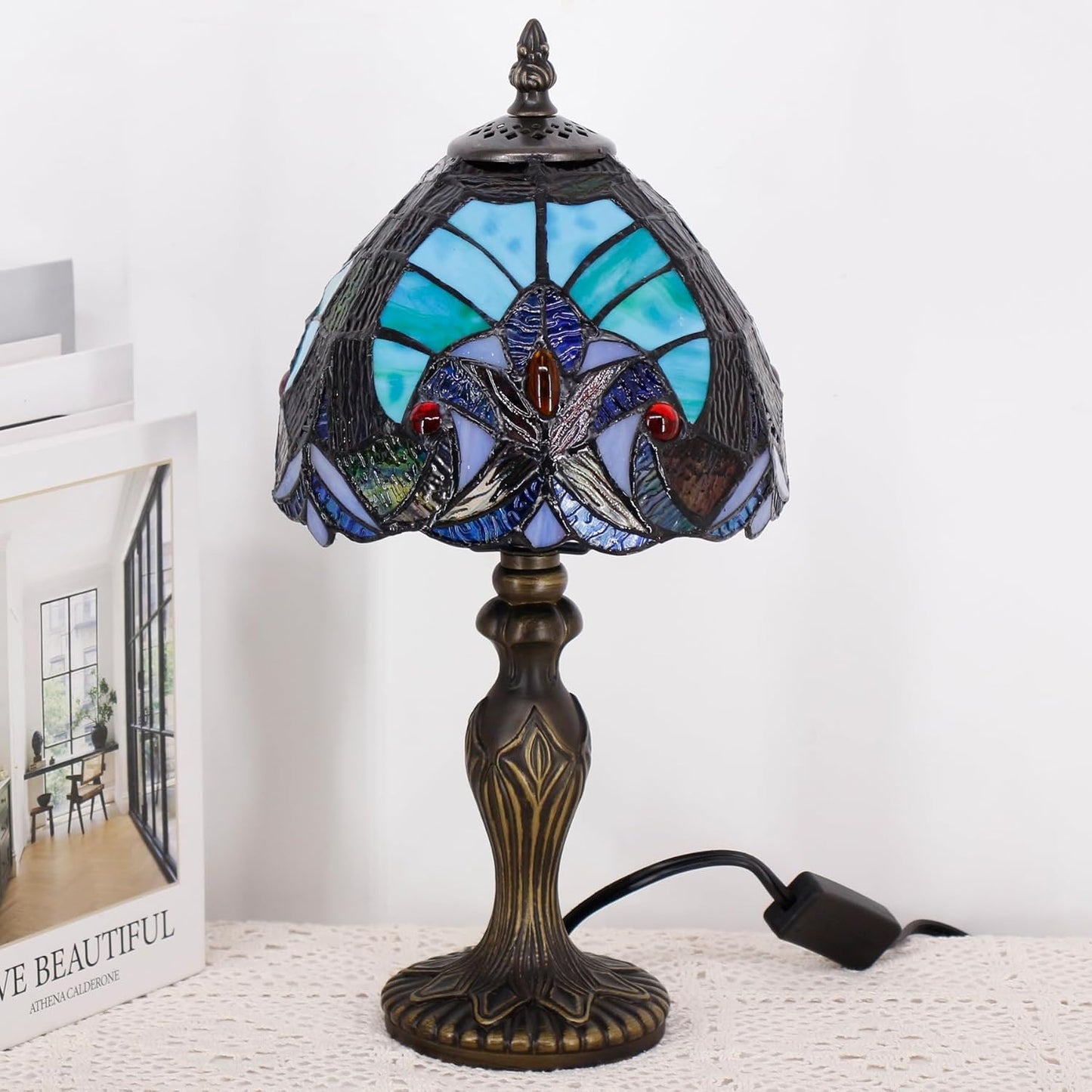 Small Tiffany Lamp Stained Glass Table Lamp Mini Desk Accent Light for Bedroom Bedside Reading Home Antique Style Decor 8X15 Inches (Green)