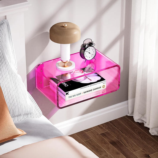 Acrylic Floating Nightstand, Bedside Table, Nightstand Shelf Wall Mounted Bedside Shelf (Pink, Small)