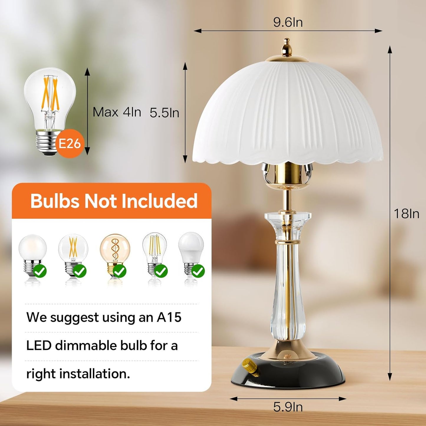 Crystal Table Lamp,Dimmable Bedside Lamp with ON/Off Switch Modern Glass Lamps for Night Stands Bedroom Living Room Decor (1PACK)