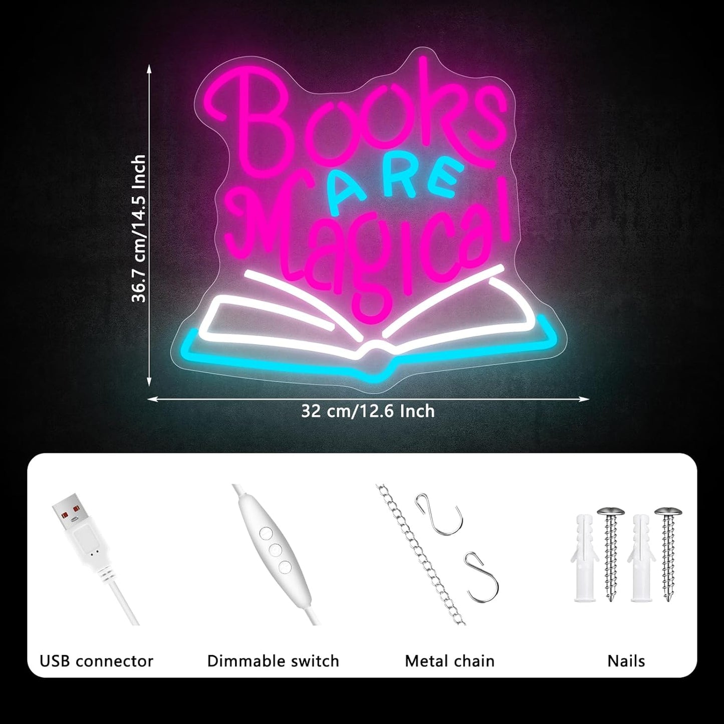 Books are Magical Neon Sign, Neon Signs for Wall Decor, Dimmable Led Signs for Bedroom, Light Up Signs for Classroom Reading Room Book Party Library Decoration Bookish Decor Gifts