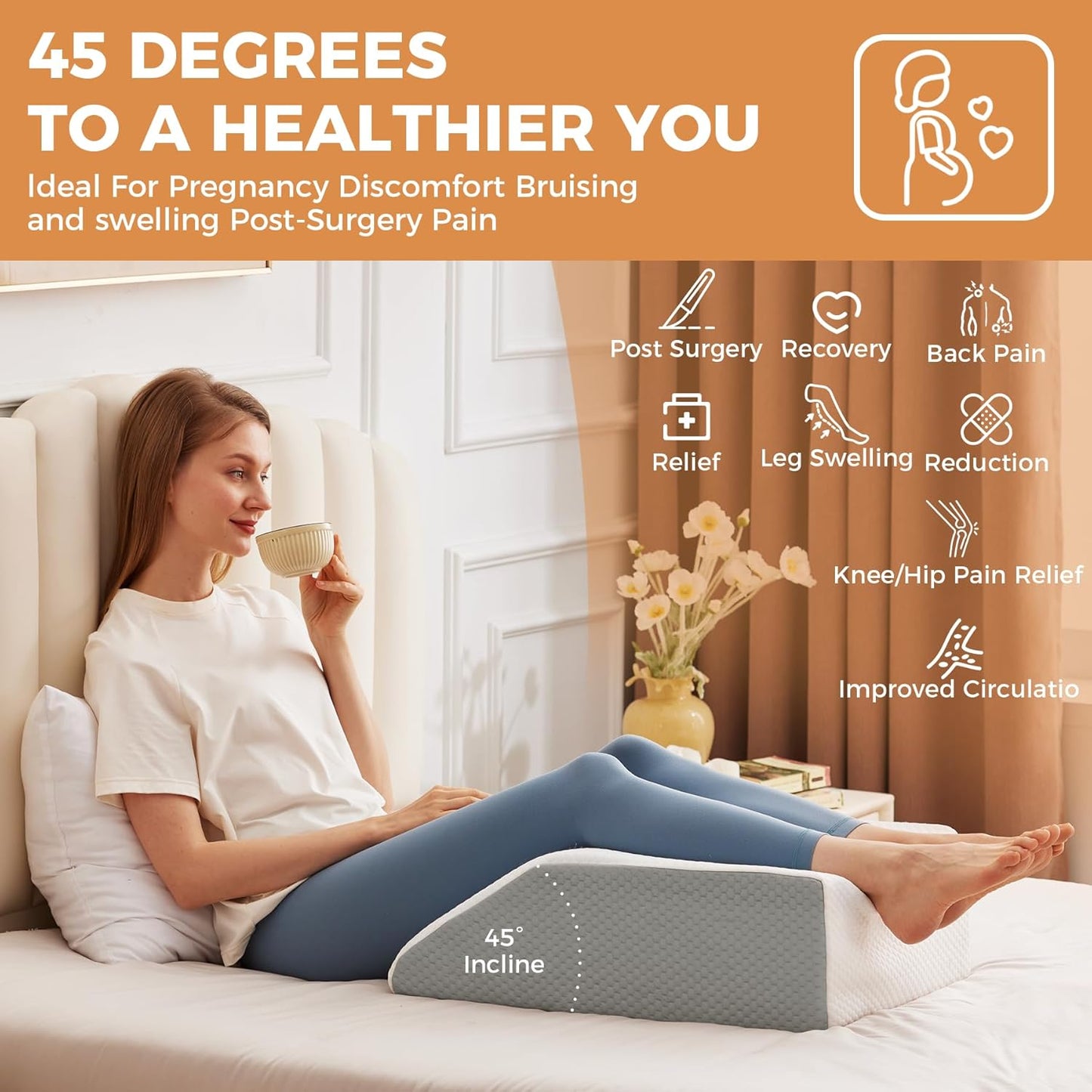 Leg Pillow Elevation Blood Circulation, Leg Elevating Pillows for After Surgery, Sleeping, Memory Foam Wedge Pillow for Legs Swelling, Foot Knee Pillow for Back Pain, 23.6×16.8×8in, White/Grey