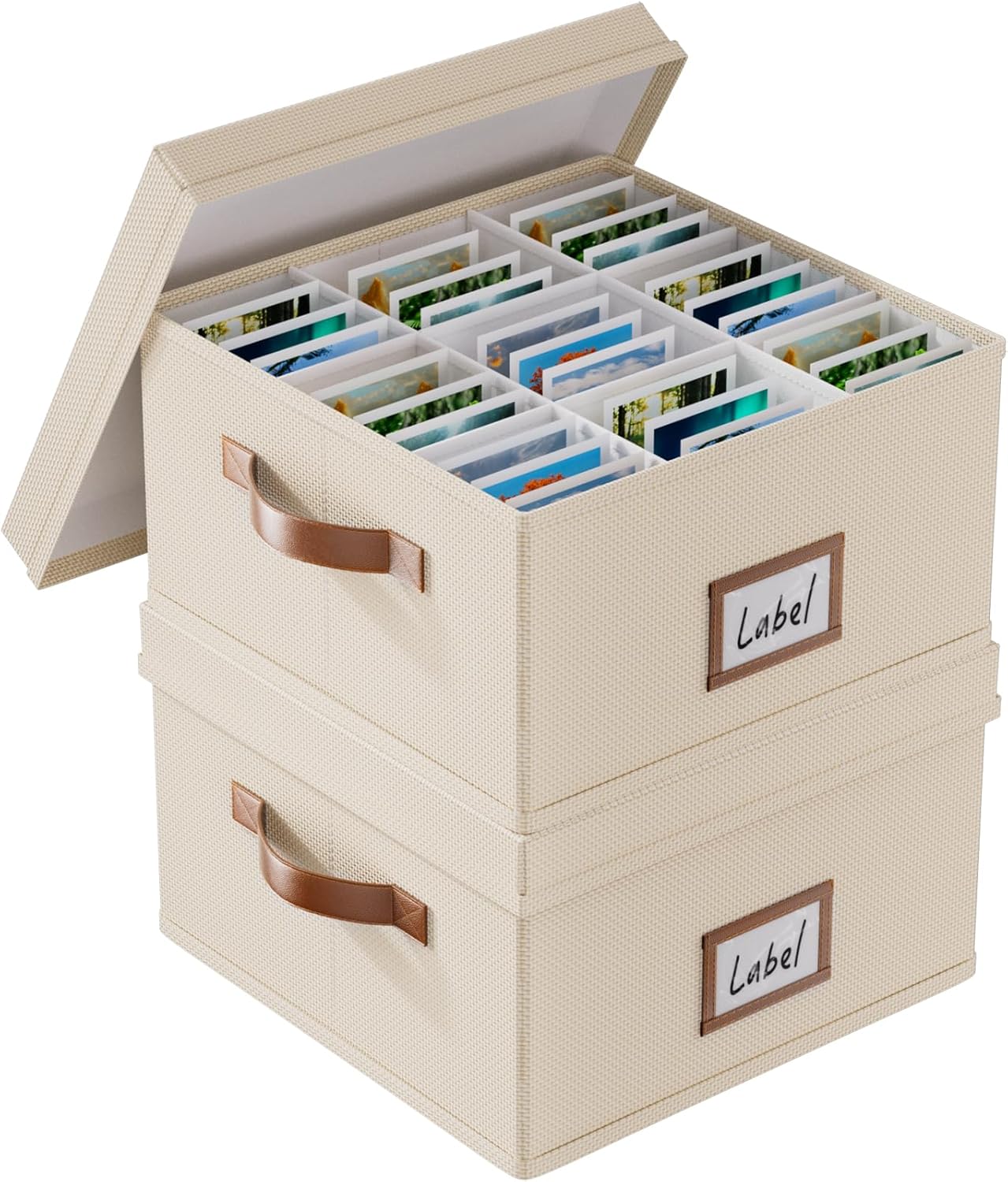 Decorative Photo Storage Box - 2Pcs Photo Organizer with Dividers , Linen Fabric Picture Box for Photos Up to 2000 Pictures and 4x6 Photos Memory Keepsake Organizer for Photos us to Photo Stamp Card