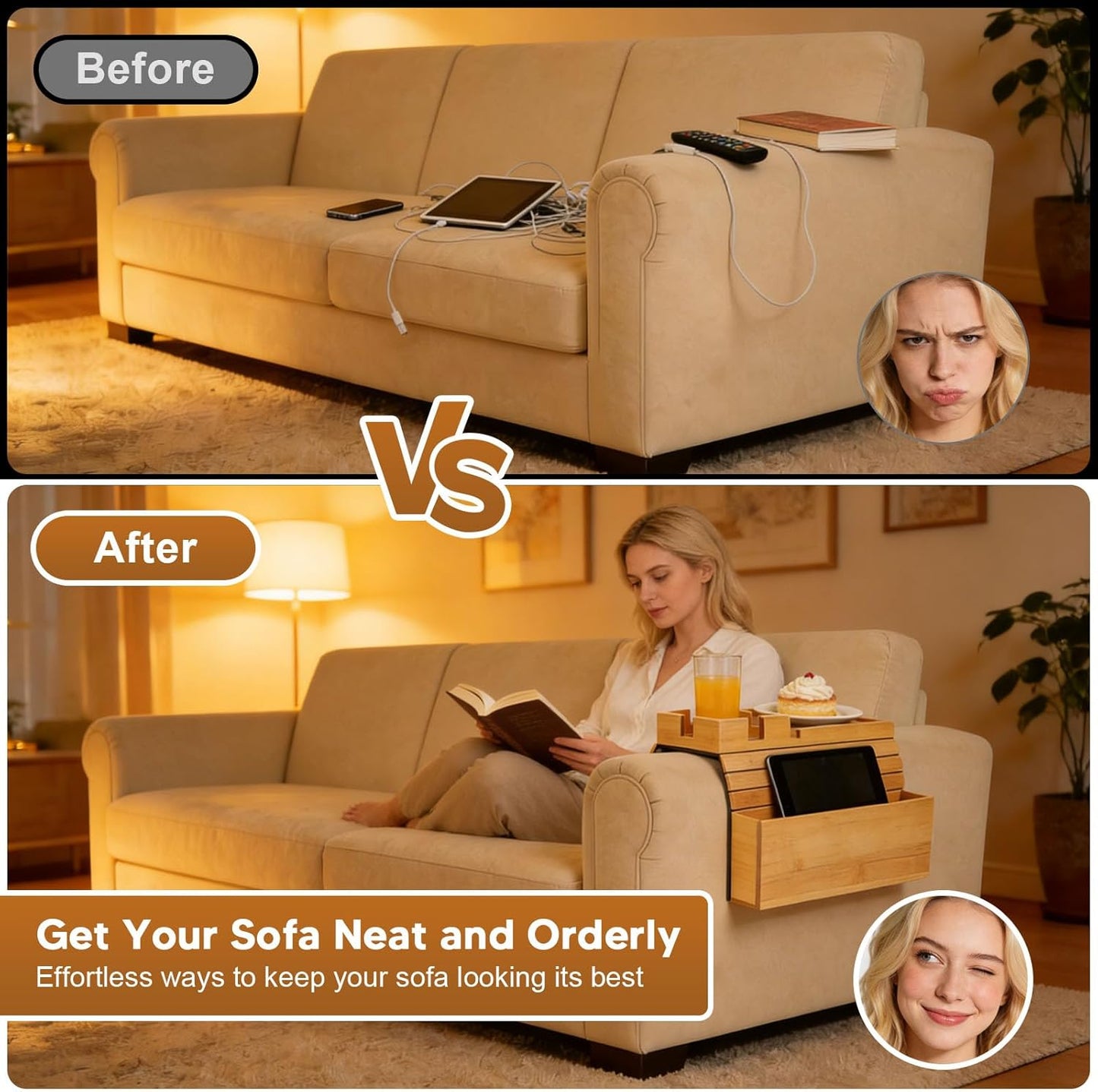 Bamboo Couch Armrest Table Foldable Sofa Arm Tray with Storage, Anti-Slip Cup Holder & Coaster, Splash-Proof Remote Holder for Snacks Phones Tablets TV Tray Couch Caddy Fits Armrests 4.5” and Wider