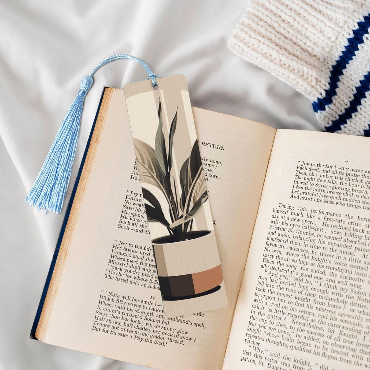 Simple Plant Bookmarks Gifts for Women Men, Wooden Bookmarks for Book Lovers, Vintage Book Marks Ornaments with Tassel, Unique Personalized Reading Page Markers Sky Blue