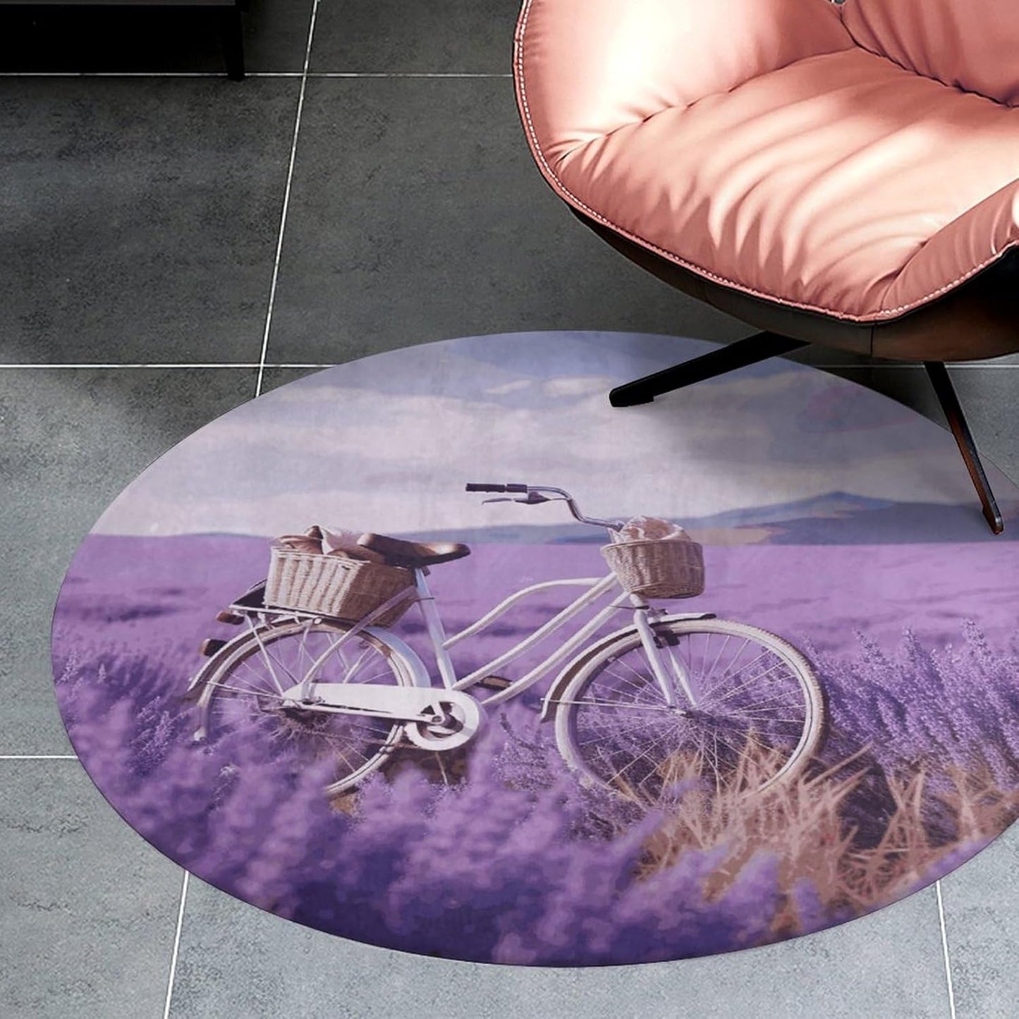 Lavender Field Bike Circle Rug Retro Luxury Coral Velvet Floor Mat Non Slip Soft Indoor Floor Carpet Comfy Thickened Area Rugs Modern Aesthetic Minimalist Carpets for Home Decor