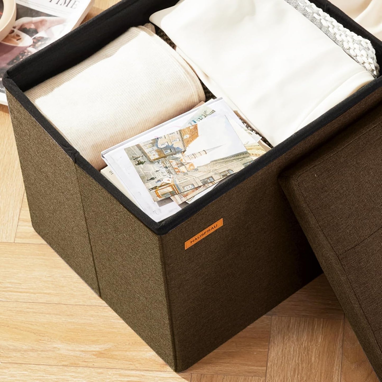 HAUSFRAU Ottoman with Storage Foot Rest Stool, Small Folding Footrest, Tufted Square Cube Seat for Living Room, Bedroom, Dorm, 12.2" x 16.5"x 12.2", Linen Espresso Brown