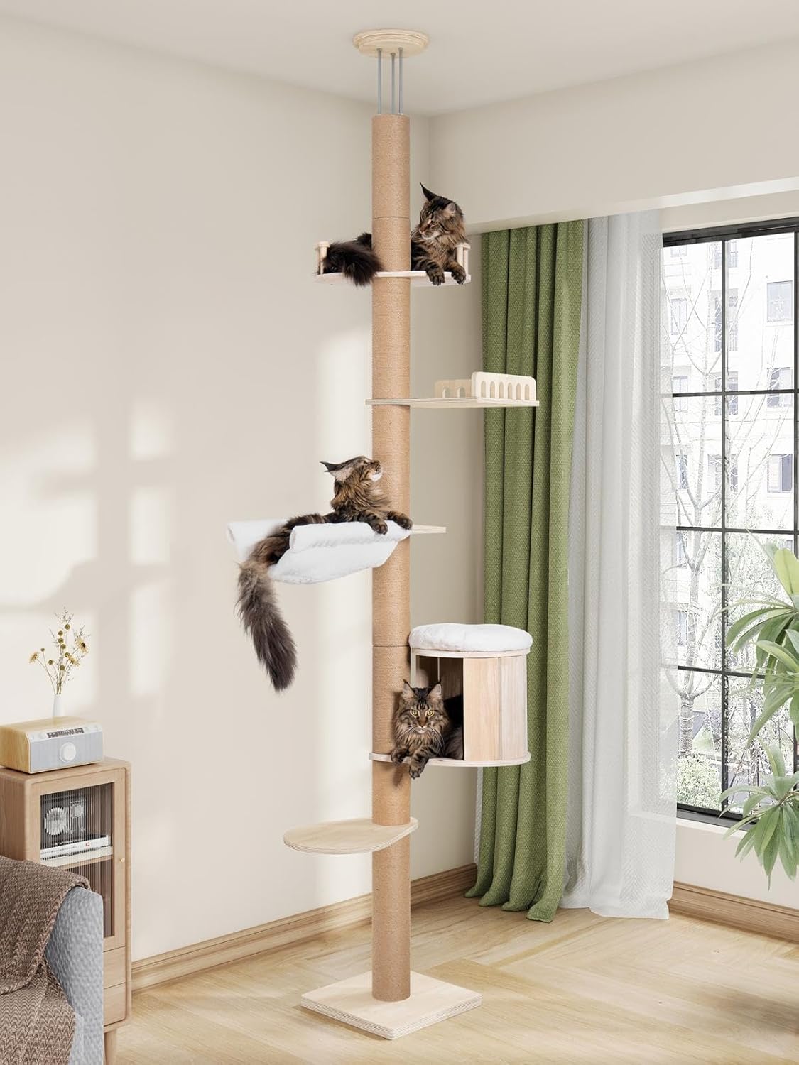 Tall Floor to Ceiling Cat Tree for Large Cats, Cat Tower with Scratching Post, Adjustable Height(82-122 in), Large Condo Cave Bed and Hammock for Indoor Cats, Cat Climbing Pole, Wood