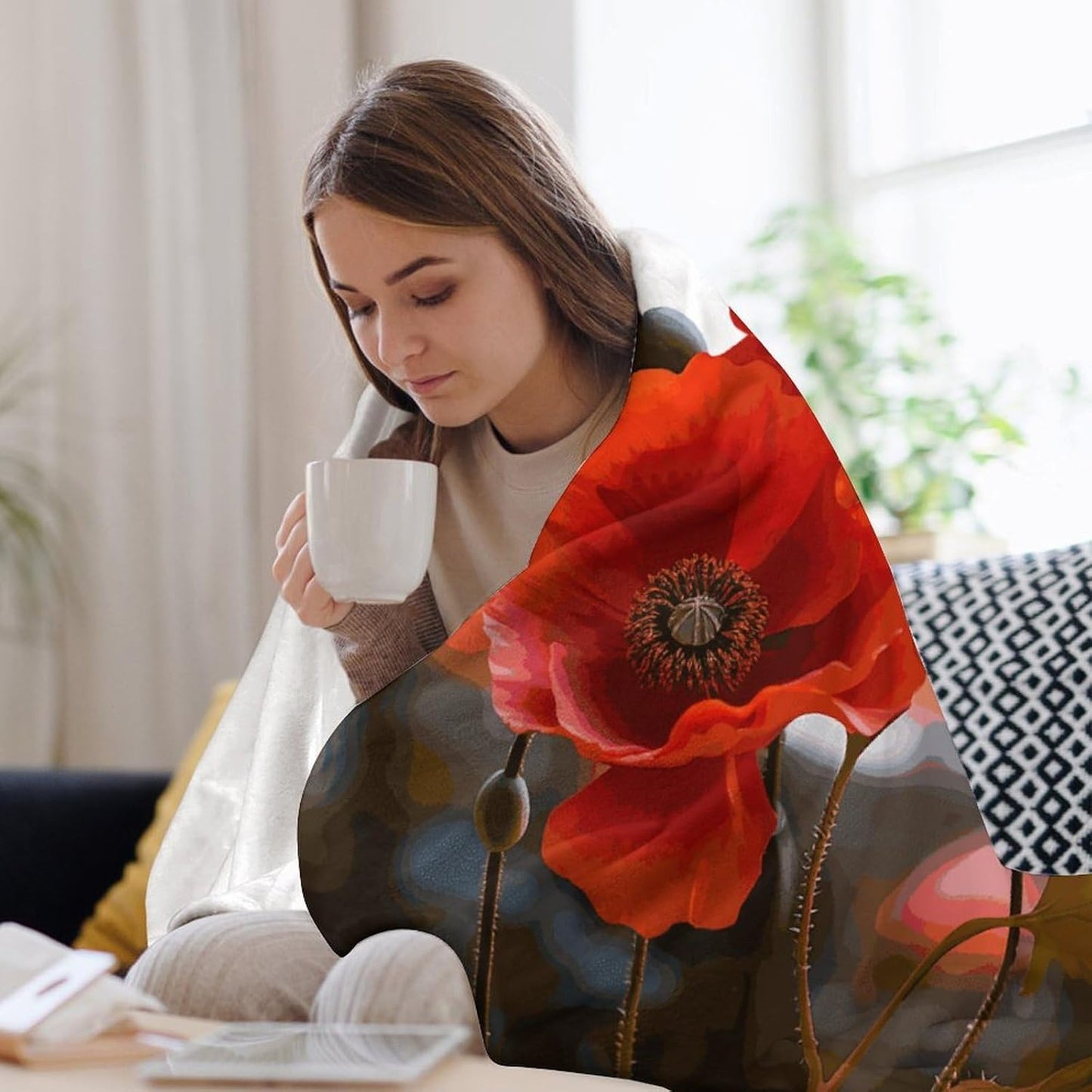 Poppy Flowers Vivid Petals Blanket Super Soft Lightweight Throw Blanket Cute Cozy Warm Bed Blanket Decorative Fuzzy Blanket All-Season Home Decor Gift for Sofa Couch Living Room 50"*60"（130 * 150cm）