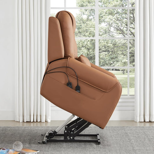 Large Power Recliner Chair for Seniors, Breathable Leather Electric Recliner with 2 Concealed Cup Holders, Infinite Position Lounge Sofa with USB Ports & Pockets, Brown
