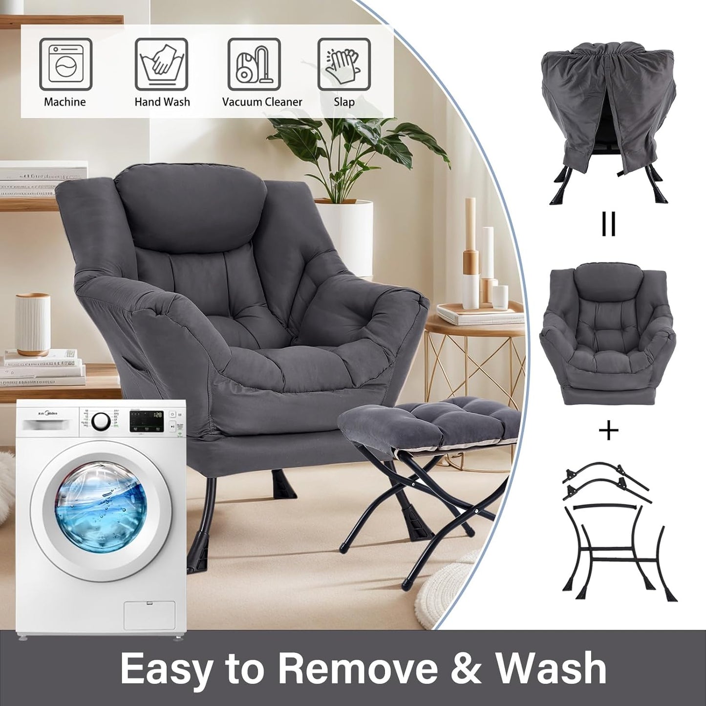 Lazy Chair with Ottoman, Large Dark Grey Accent Chair with Ottoman, Comfy Reading Armchair, Leisure Sofa Chair for Living Room, Bedroom, Dorm Room, Office