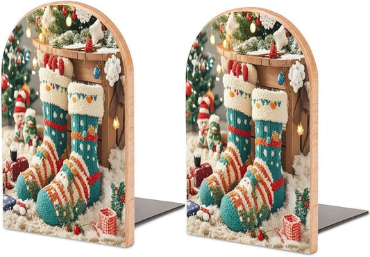 Cute Christmas Socks Bookends 1 Pair Heavy Duty Book Ends for Shelves Non-Skid Bookend Supports Wooden Book Holders with Metal Base Desk Organizers Books Storage to Hold Books