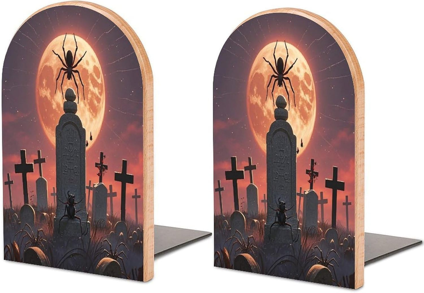 Spider Graveyard Bookends 1 Pair Heavy Duty Book Ends for Shelves Non-Skid Bookend Supports Wooden Book Holders with Metal Base Desk Organizers Books Storage to Hold Books