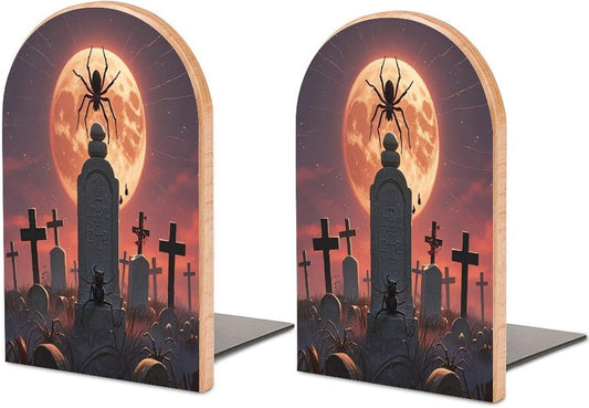 Spider Graveyard Bookends 1 Pair Heavy Duty Book Ends for Shelves Non-Skid Bookend Supports Wooden Book Holders with Metal Base Desk Organizers Books Storage to Hold Books