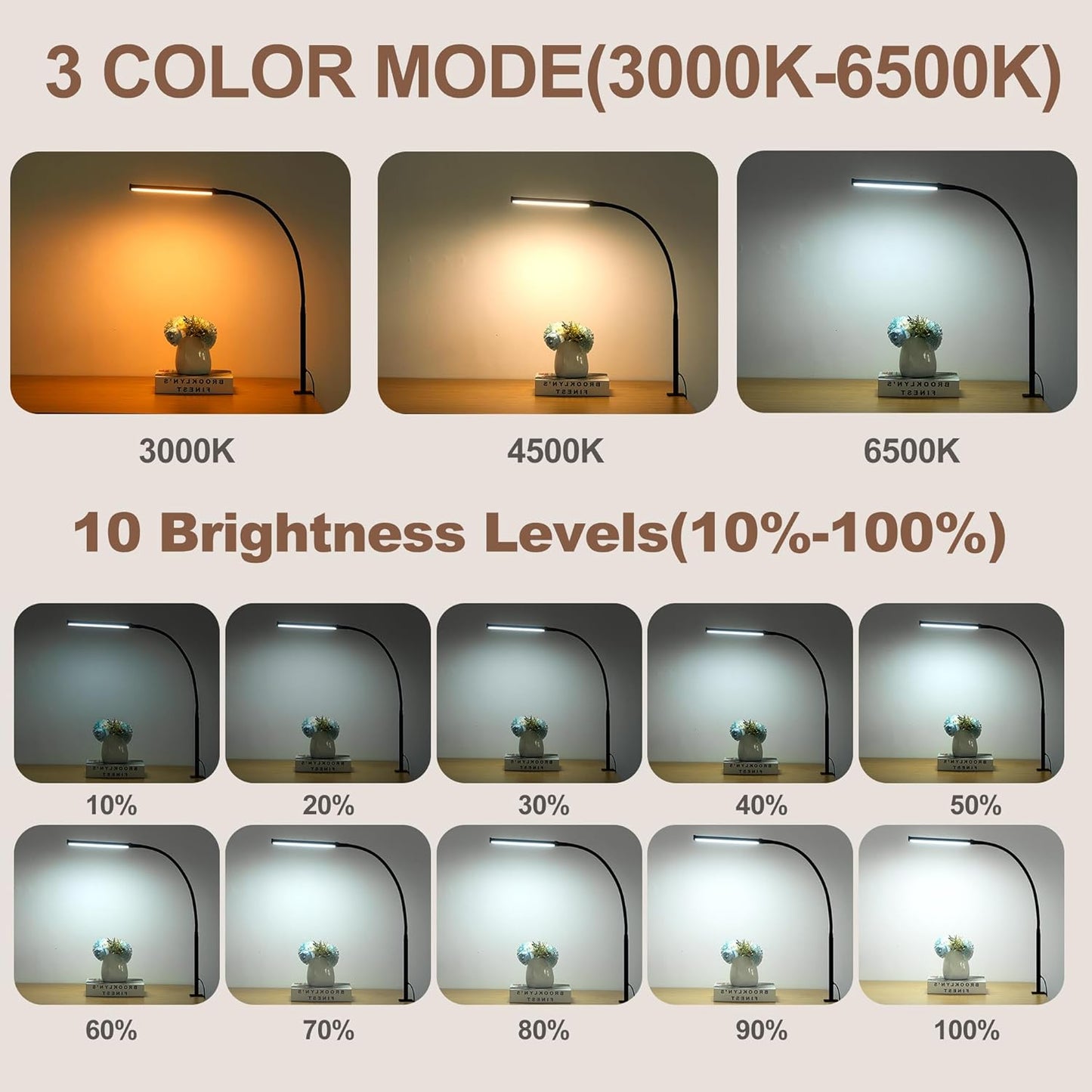 Led Desk Lamp for Home Office, Eye-Caring Desk Light with Clamp, Clip on Light for Reading, 3 Modes 10 Brightness, Flexible Goose-Neck, Memory Function, Study, Work, Draw, Black
