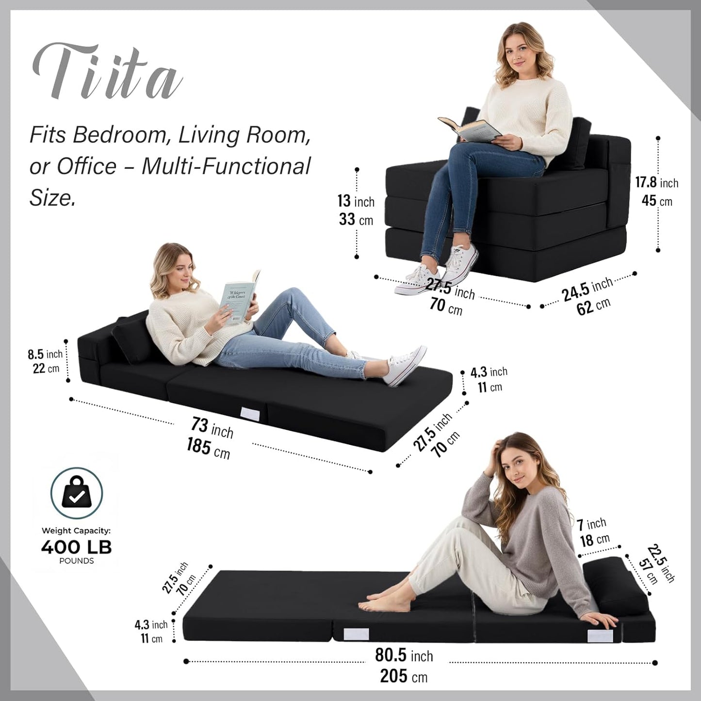 Tiita Folding Sofa Bed-Convertible Sleeper Chair with Storage Bag, Tri Foldable Mattress with Pillow, Portable Fold Out Chair Bed Floor Sofa for Living Room/Dorm/Guest Use/Travel, Single Size, Black