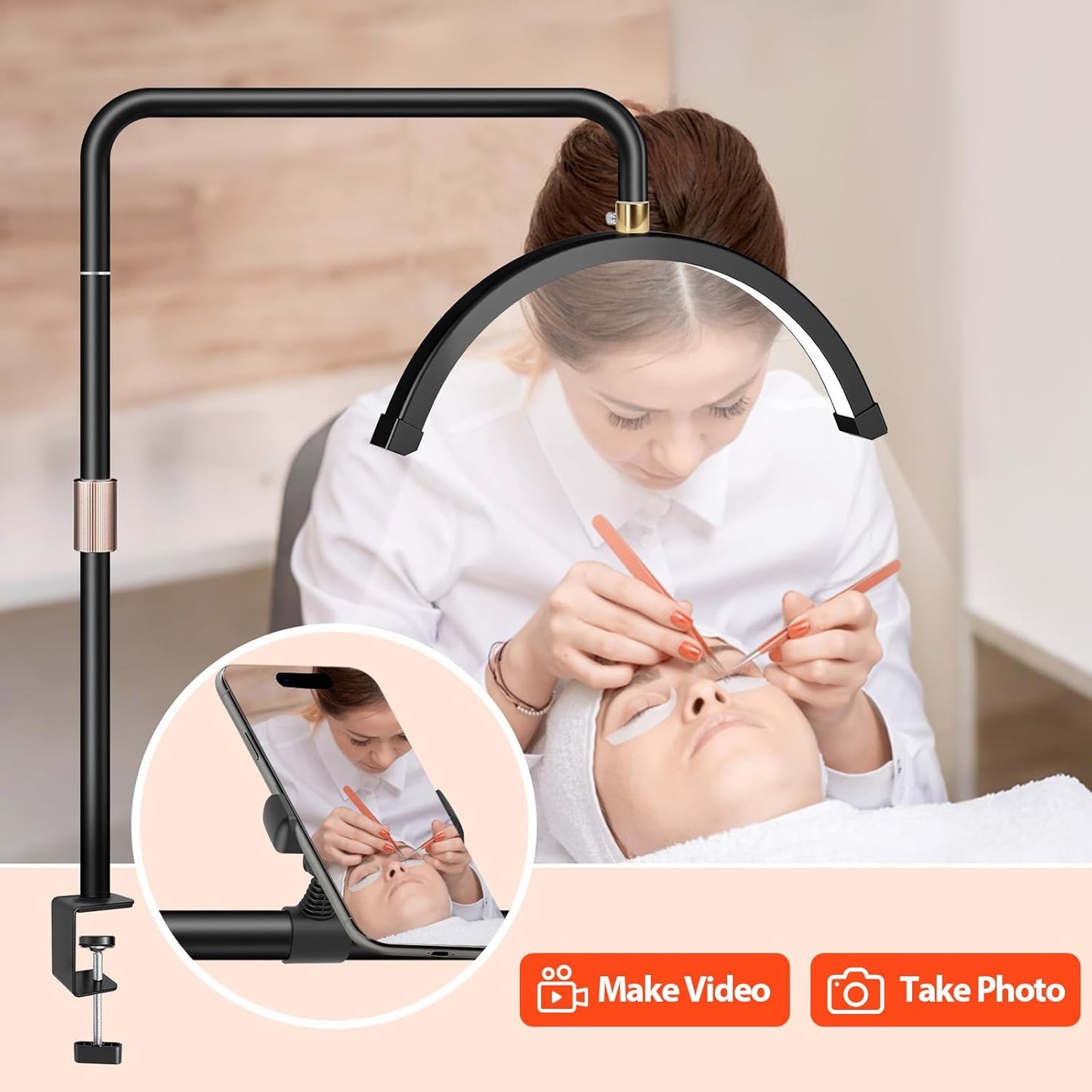 Half Moon Desk Light with Clamp, Touch Lash Lamp Nail Desk Light, Led Tattoo Light for Desk with Phone Holder, Adjustable 3 Color Lights for Lash Tech,Makeup,Photography,Reading,Work,Office (White)