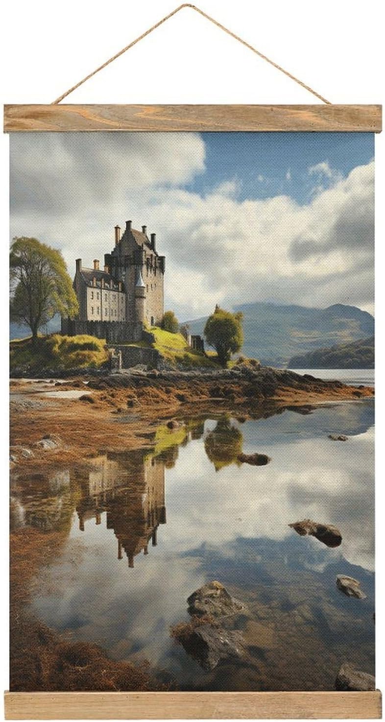 Vintage Scotland Castle Water Lake Scottish Poster with Wooden Frame Personalized Linen Hanging Scroll Painting Rustic Wall Hanging Illustrative Modern Artwork Decor for Home Living Room Bedroom Offic