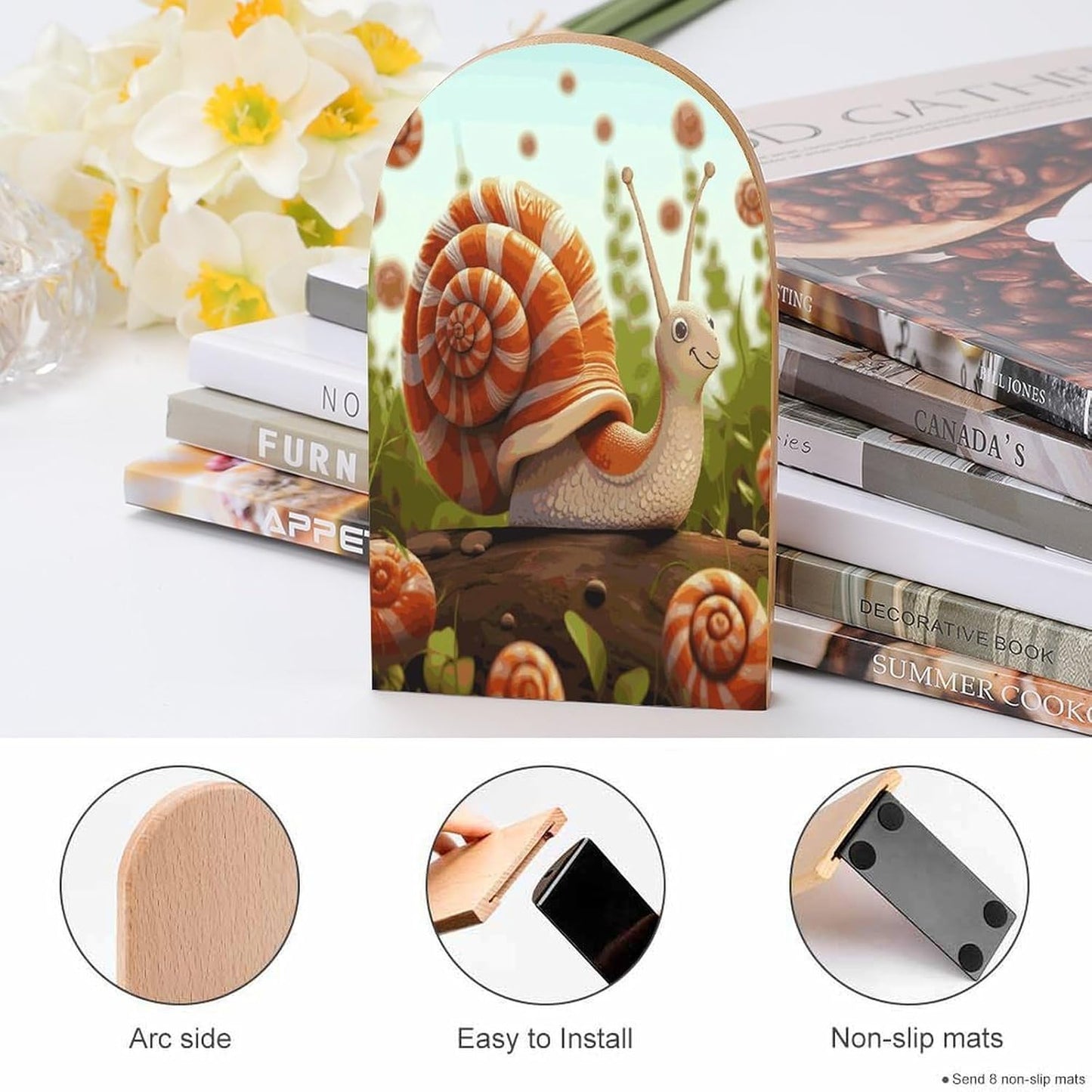 Cute Snail Bookends 1 Pair Heavy Duty Book Ends for Shelves Non-Skid Bookend Supports Wooden Book Holders with Metal Base Desk Organizers Books Storage to Hold Books