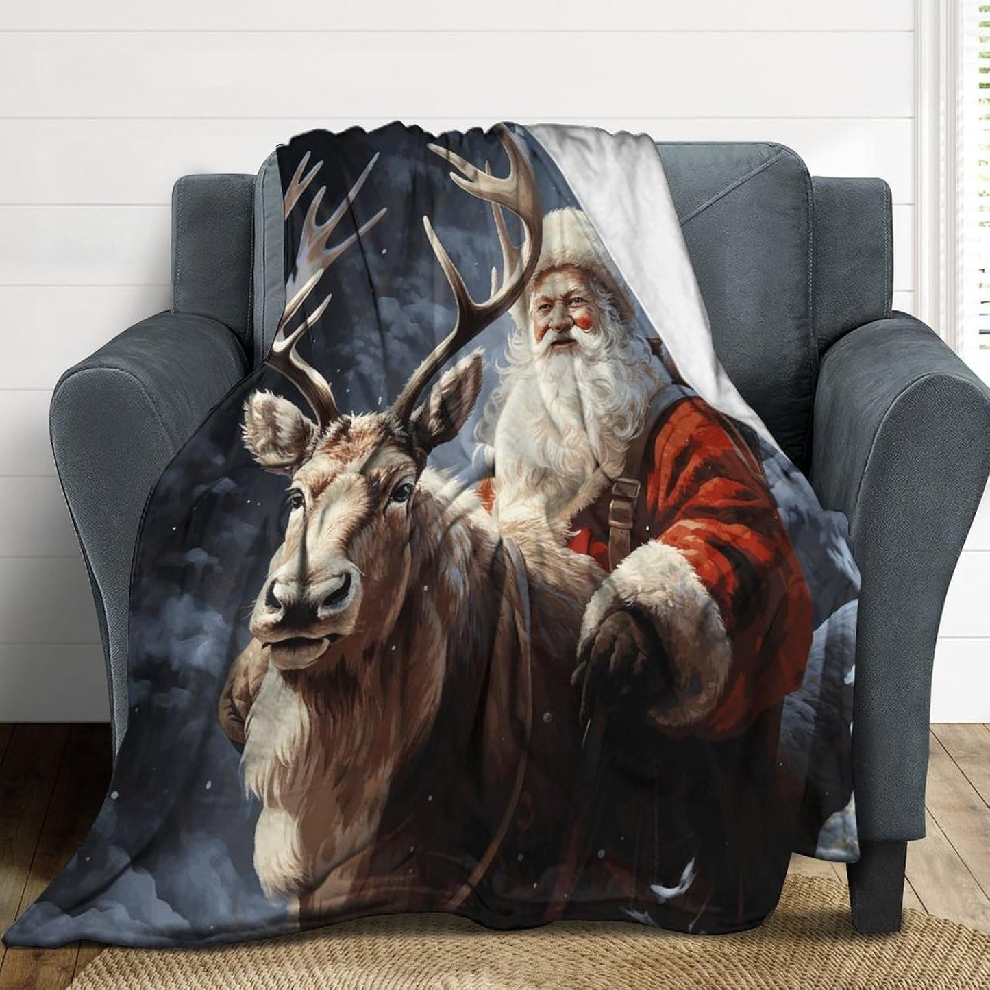 Santa Claus and Deer Elk Throw Blanket for Couch Super Soft Warm Lightweight Throw Blankets Cozy Flannel Bed Blanket Cute Decorative Blankets for All Seasons Home Decor Gift 30"*40"（76 * 100cm）