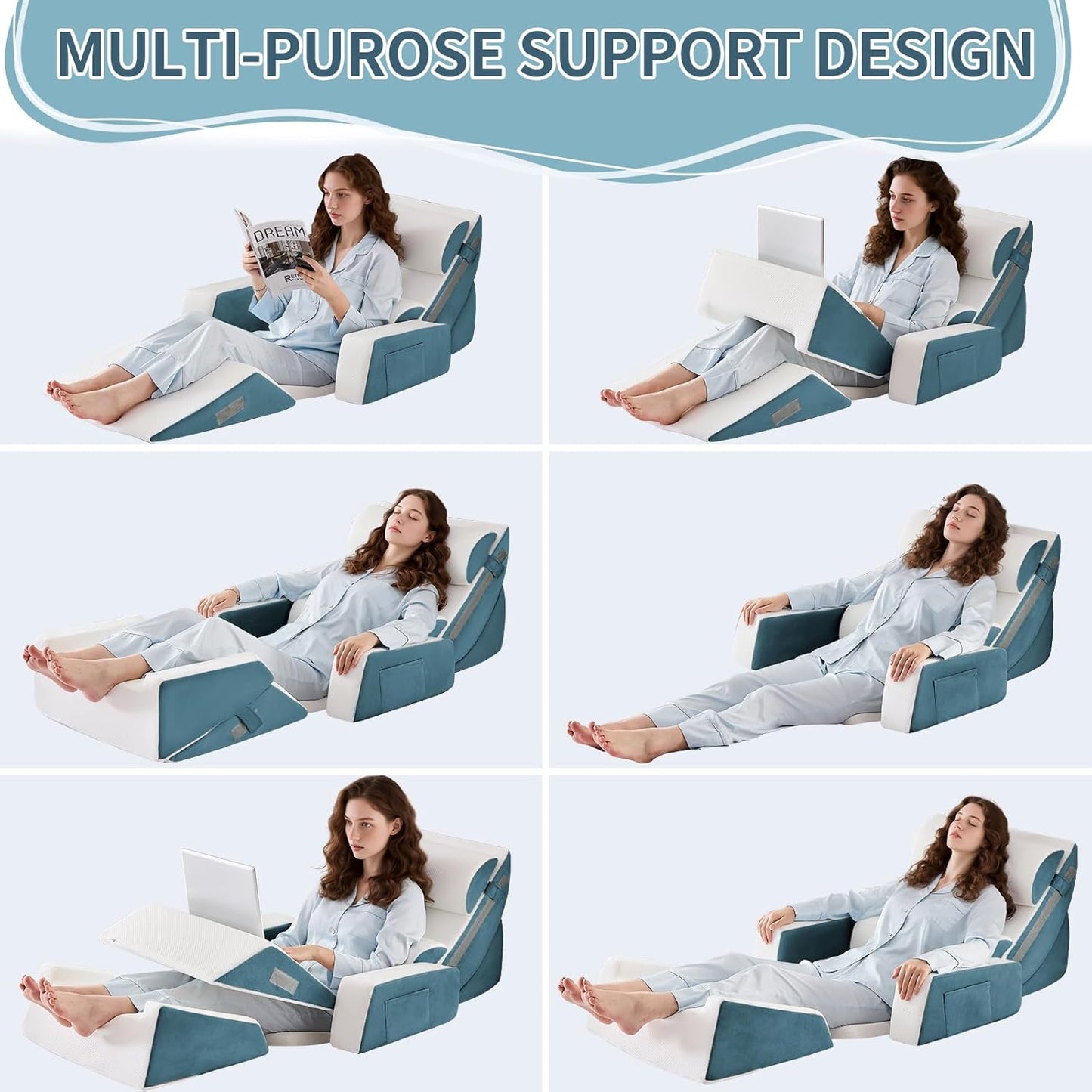 9PCS Wedge Pillow Set for After Surgery Recovery, Adjustable Memory Foam Neck Pillow, Foam Leg Pillow, Relieves Neck, Leg Pain, Sleep Apnea, and Functions as a Reading Pillow Blue