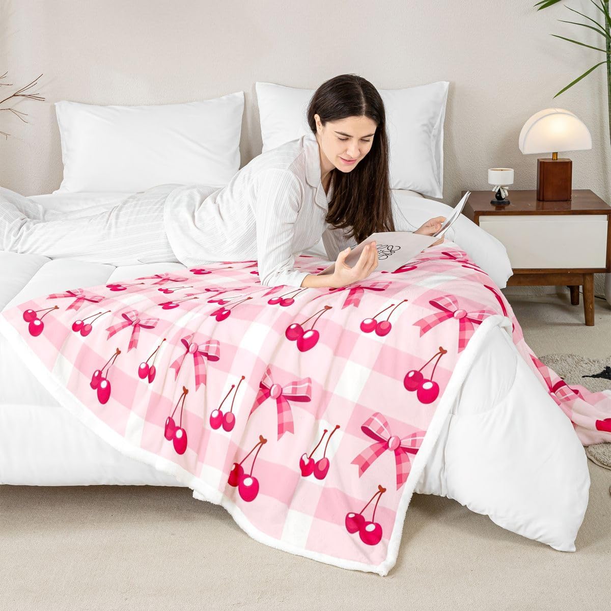 Feelyou Cute Bowknot Sherpa Throw Blanket for Couch Pink Plaid Super Cozy Fleece Red Cherry Blanket for Winter, Plush Throw Kawaii Bow Baby 30"x40" All Season